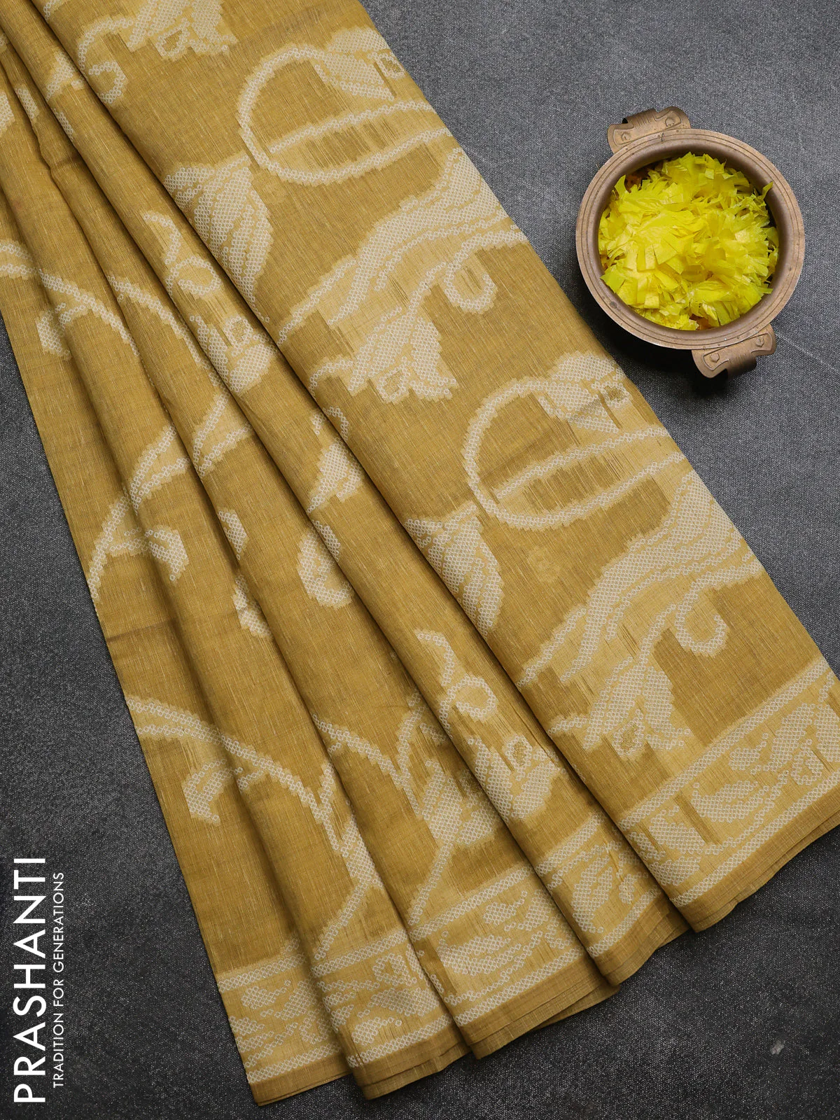 Linen cotton saree mustard yellow with allover jamdhani weaves