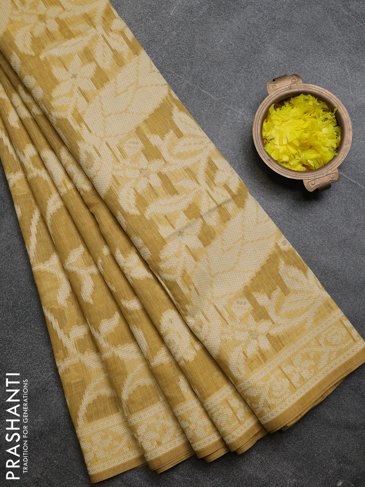 Linen cotton saree mustard yellow with allover jamdhani weaves