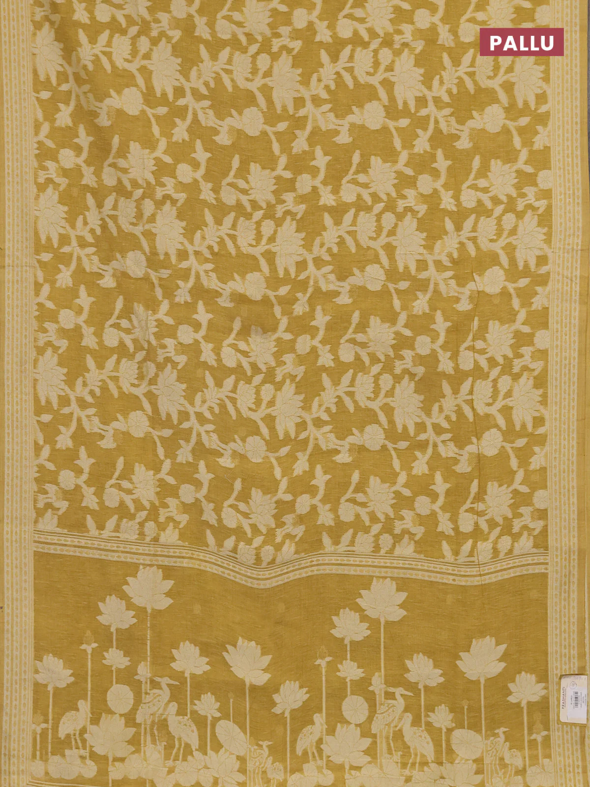 Linen cotton saree mustard yellow with allover jamdhani weaves - Image 3