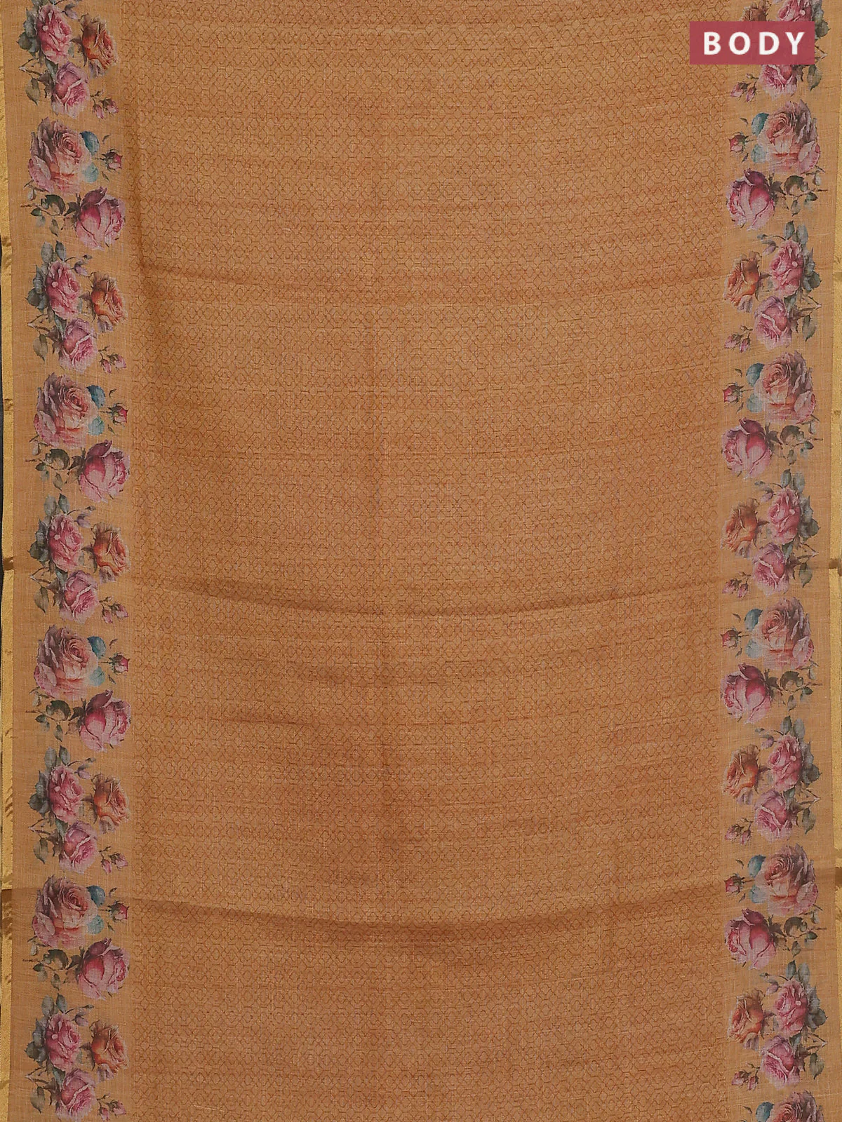 Linen cotton saree mustard yellow with allover prints and printed border - Image 2