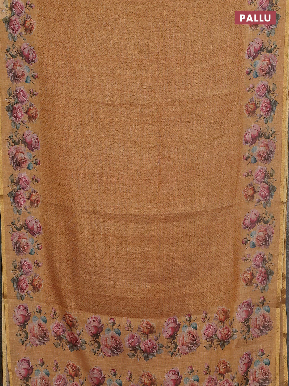 Linen cotton saree mustard yellow with allover prints and printed border - Image 3
