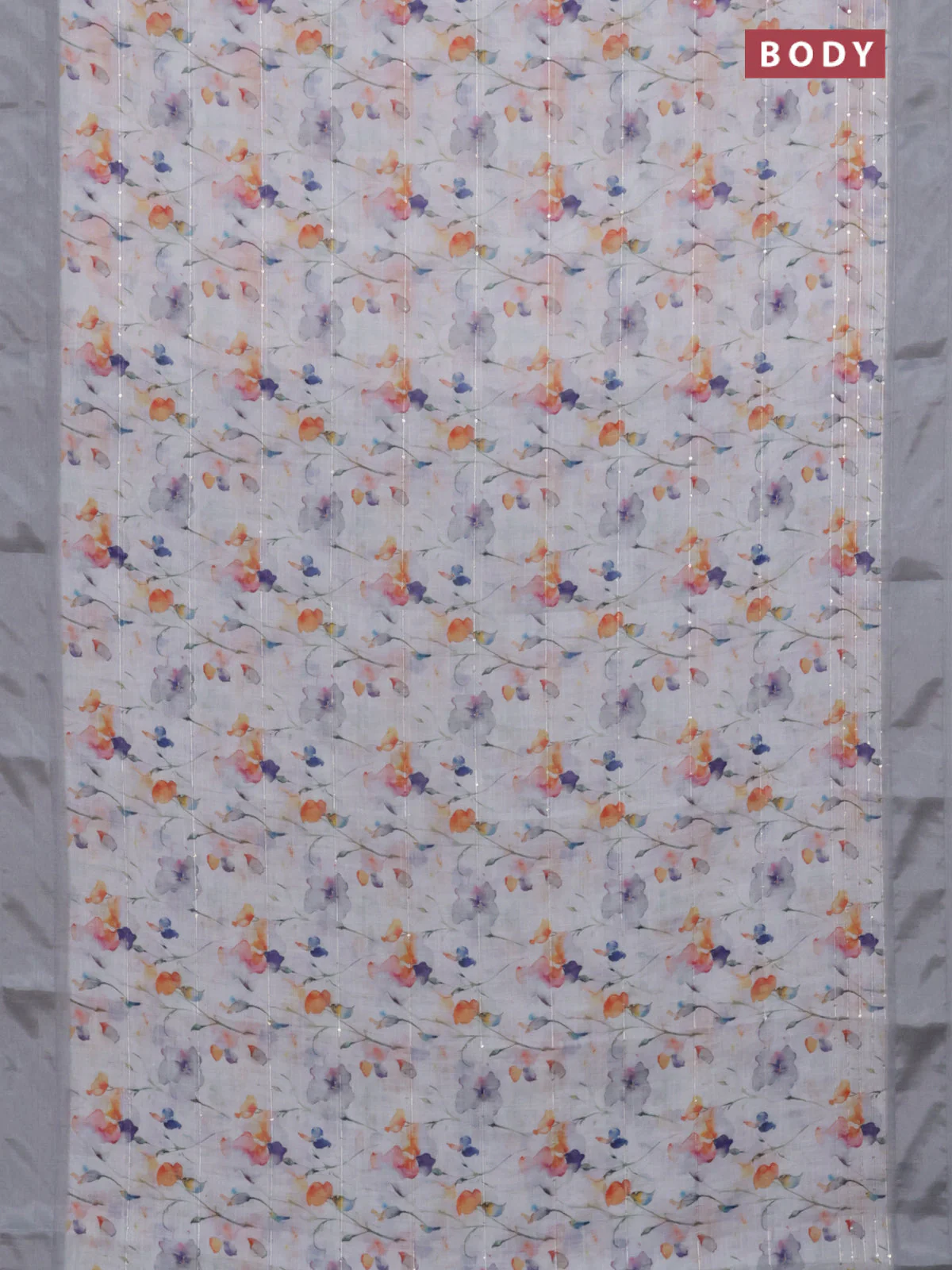 Linen cotton saree off white and grey with allover floral prints & sequin work and silver zari woven border - Image 2
