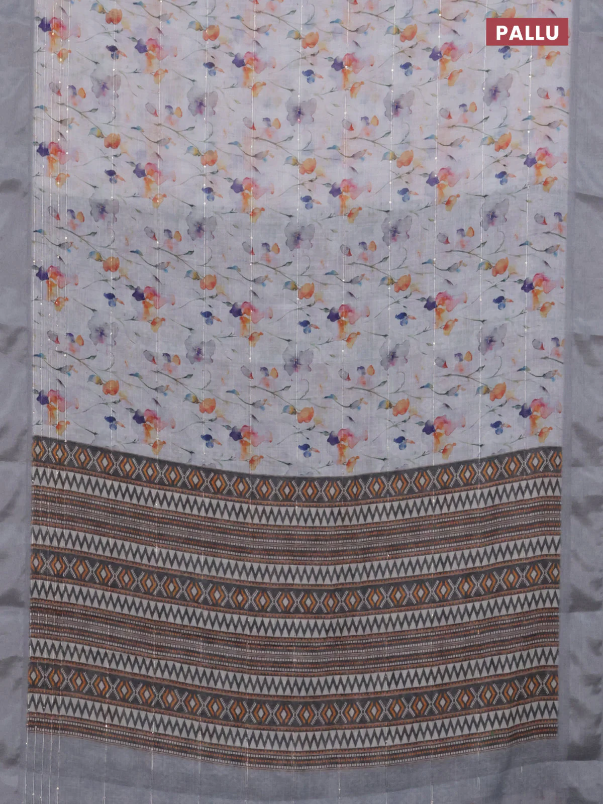 Linen cotton saree off white and grey with allover floral prints & sequin work and silver zari woven border - Image 3