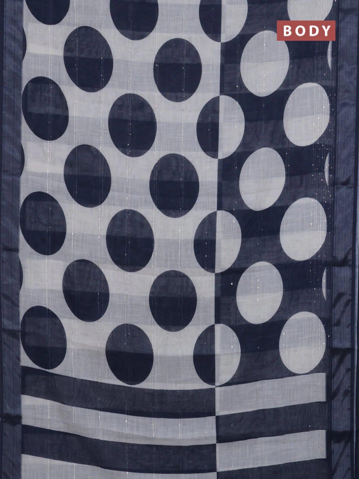 Linen cotton saree off white and navy blue with geometric butta prints and silver zari woven border - Image 2