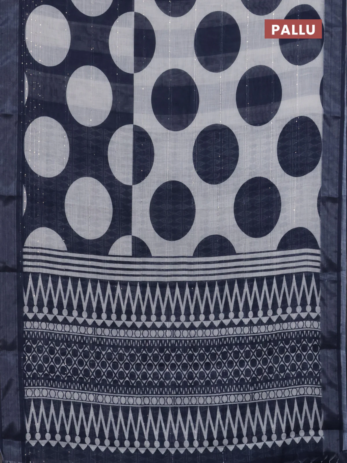 Linen cotton saree off white and navy blue with geometric butta prints and silver zari woven border - Image 3