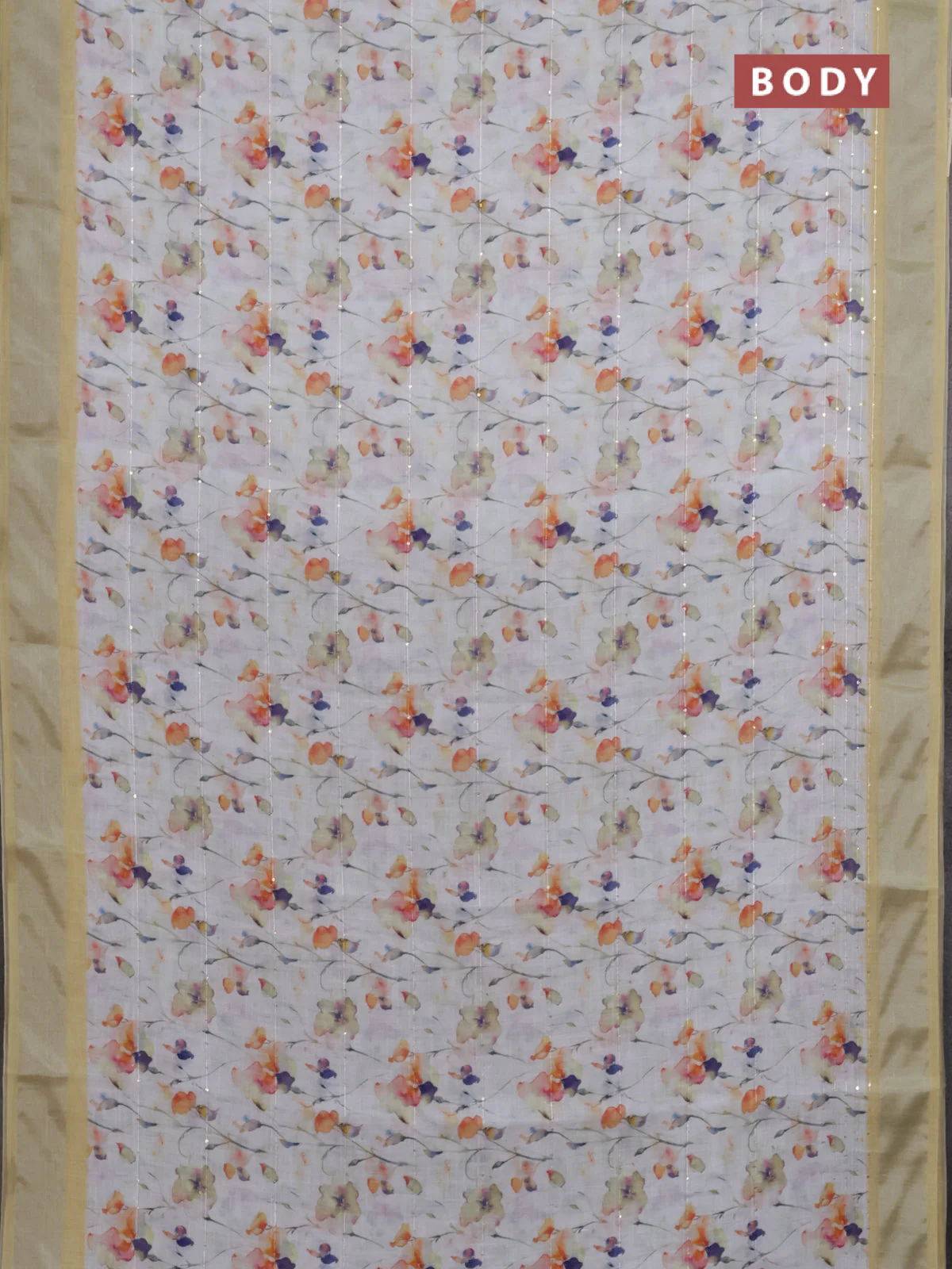 Linen cotton saree off white and pale yellow with allover floral prints & sequin work and silver zari woven border - Image 2