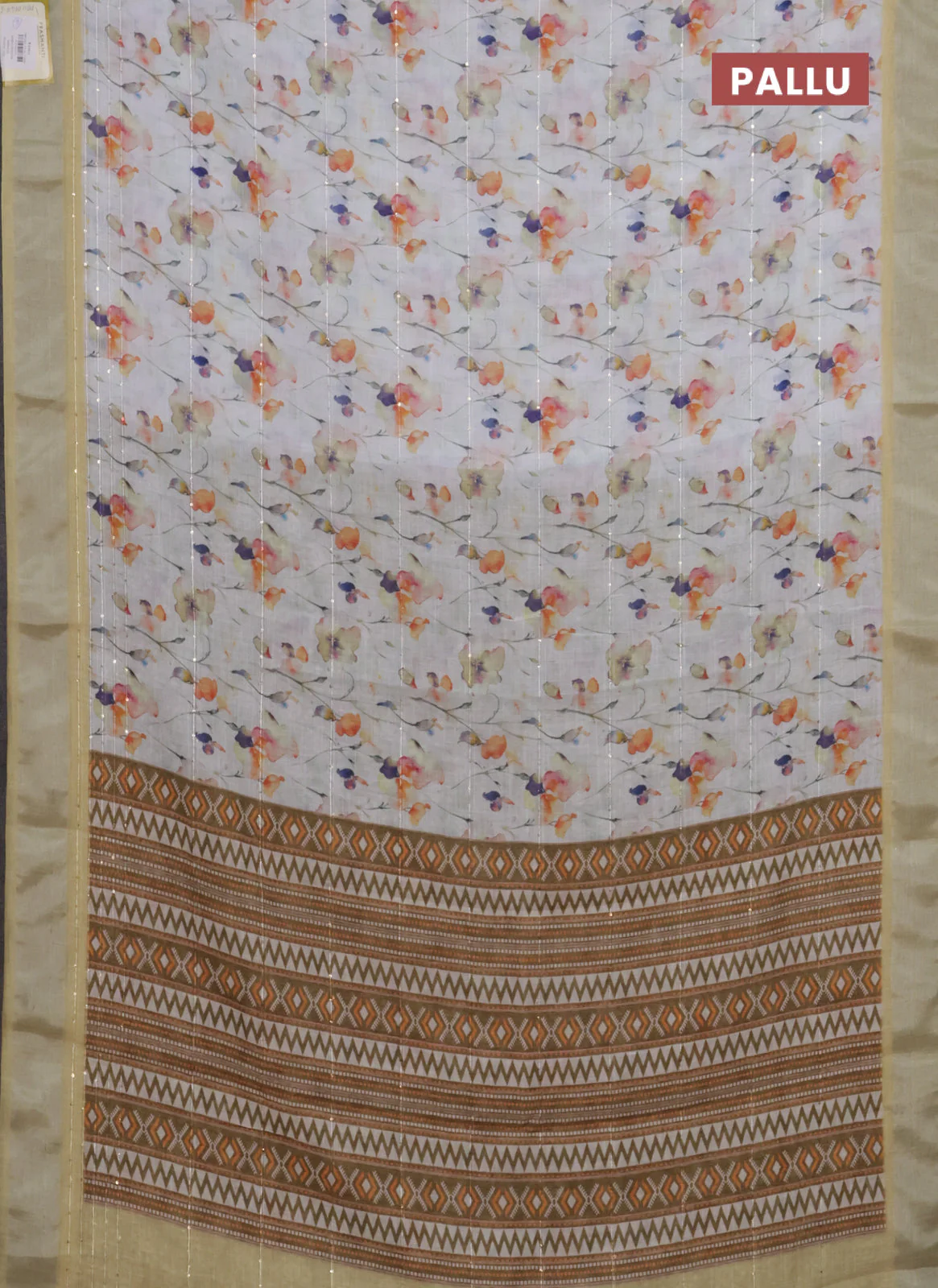 Linen cotton saree off white and pale yellow with allover floral prints & sequin work and silver zari woven border - Image 3