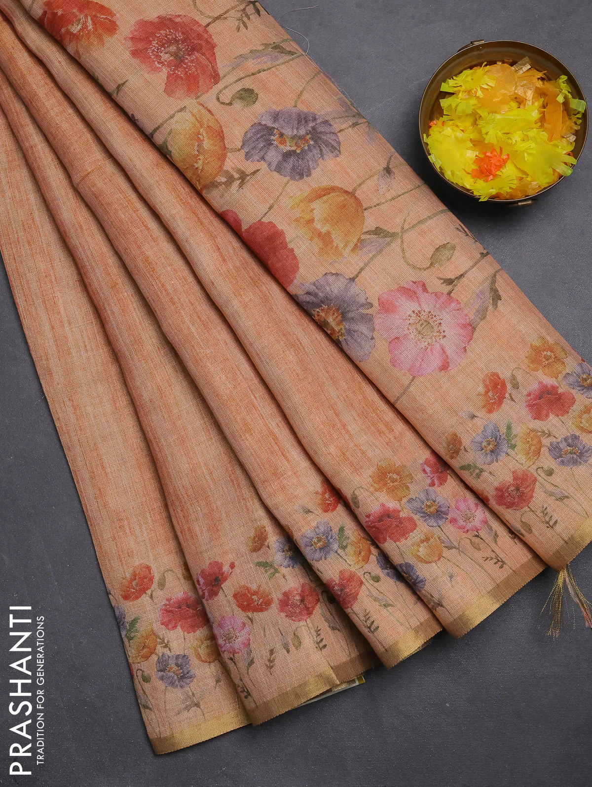 Linen cotton saree orange with plain body and digital printed border