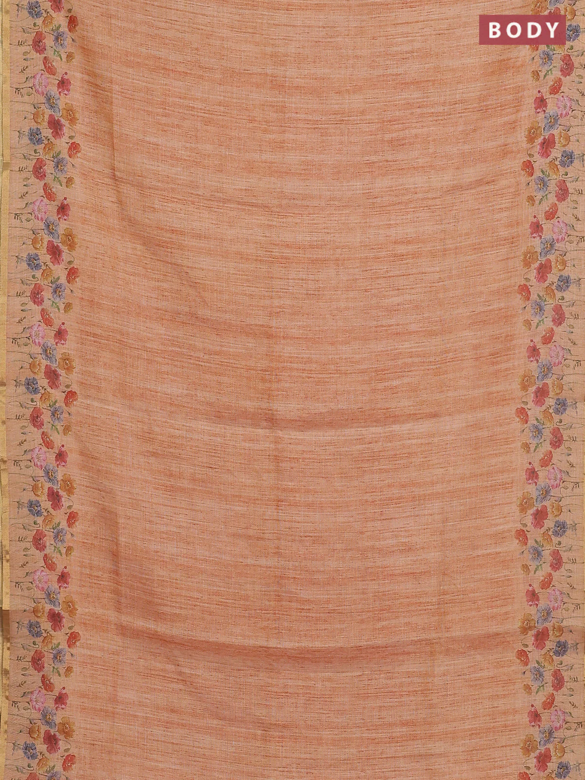 Linen cotton saree orange with plain body and digital printed border - Image 2