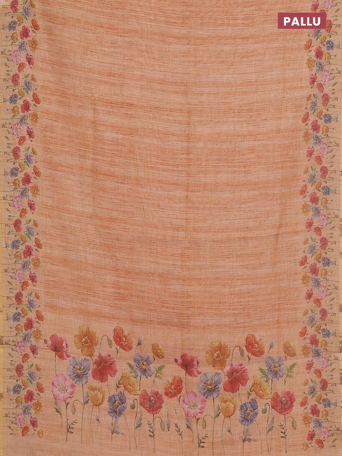 Linen cotton saree orange with plain body and digital printed border - Image 3