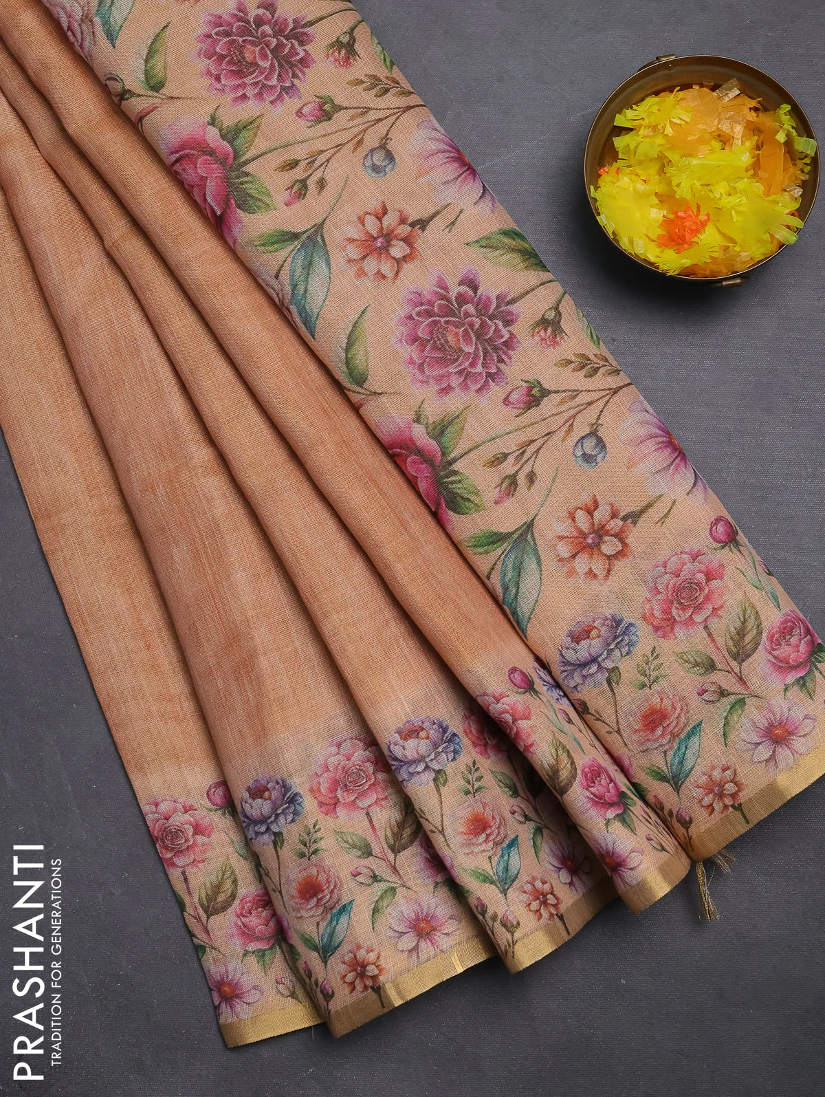Linen cotton saree orange with plain body and digital printed border