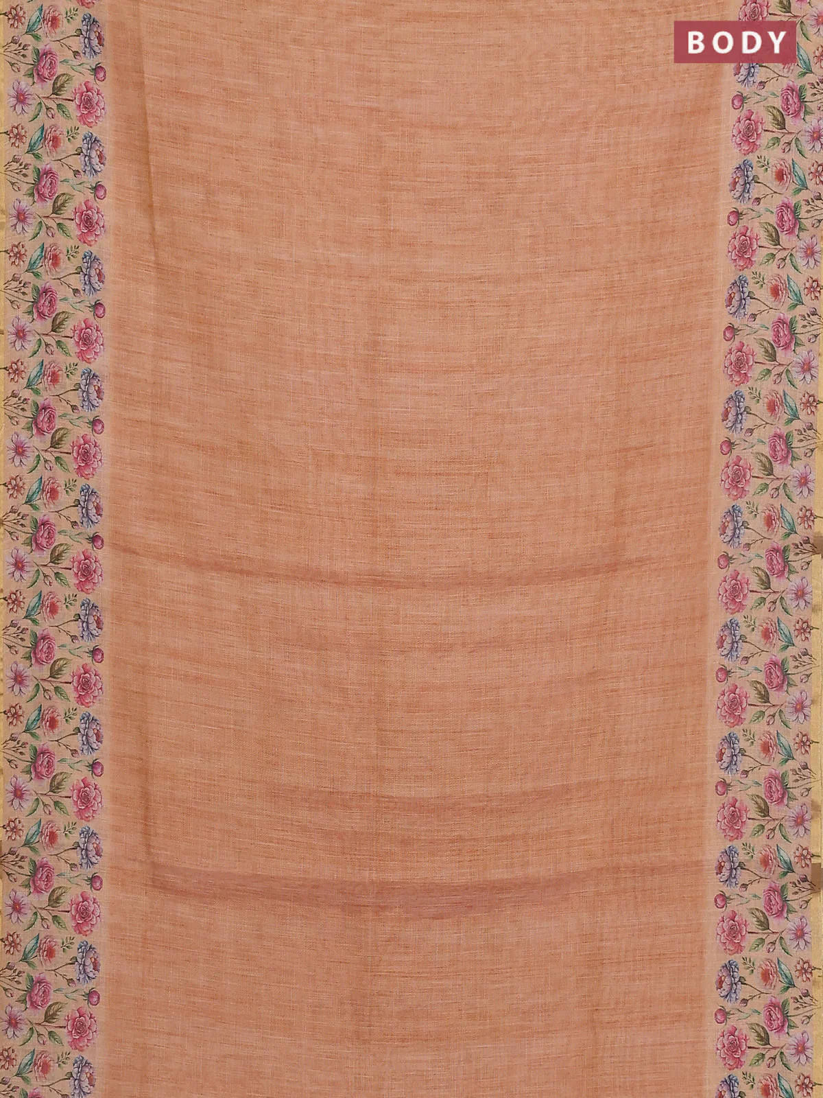 Linen cotton saree orange with plain body and digital printed border - Image 2