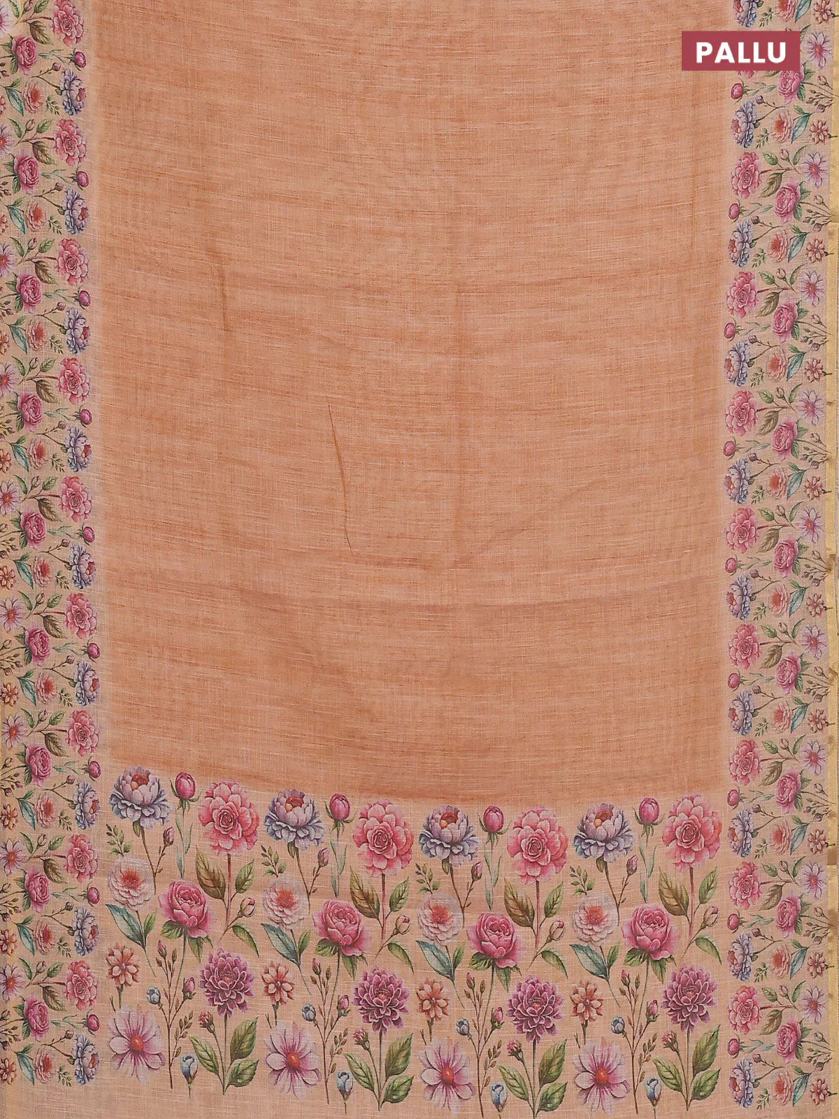 Linen cotton saree orange with plain body and digital printed border - Image 3