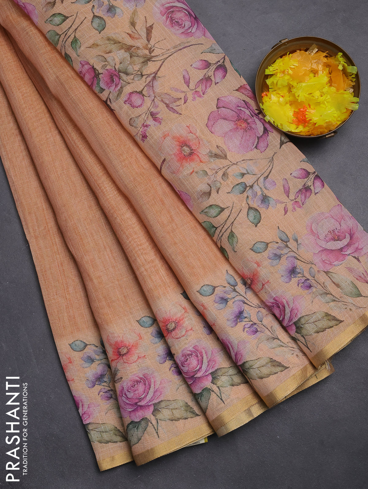 Linen cotton saree orange with plain body and digital printed border