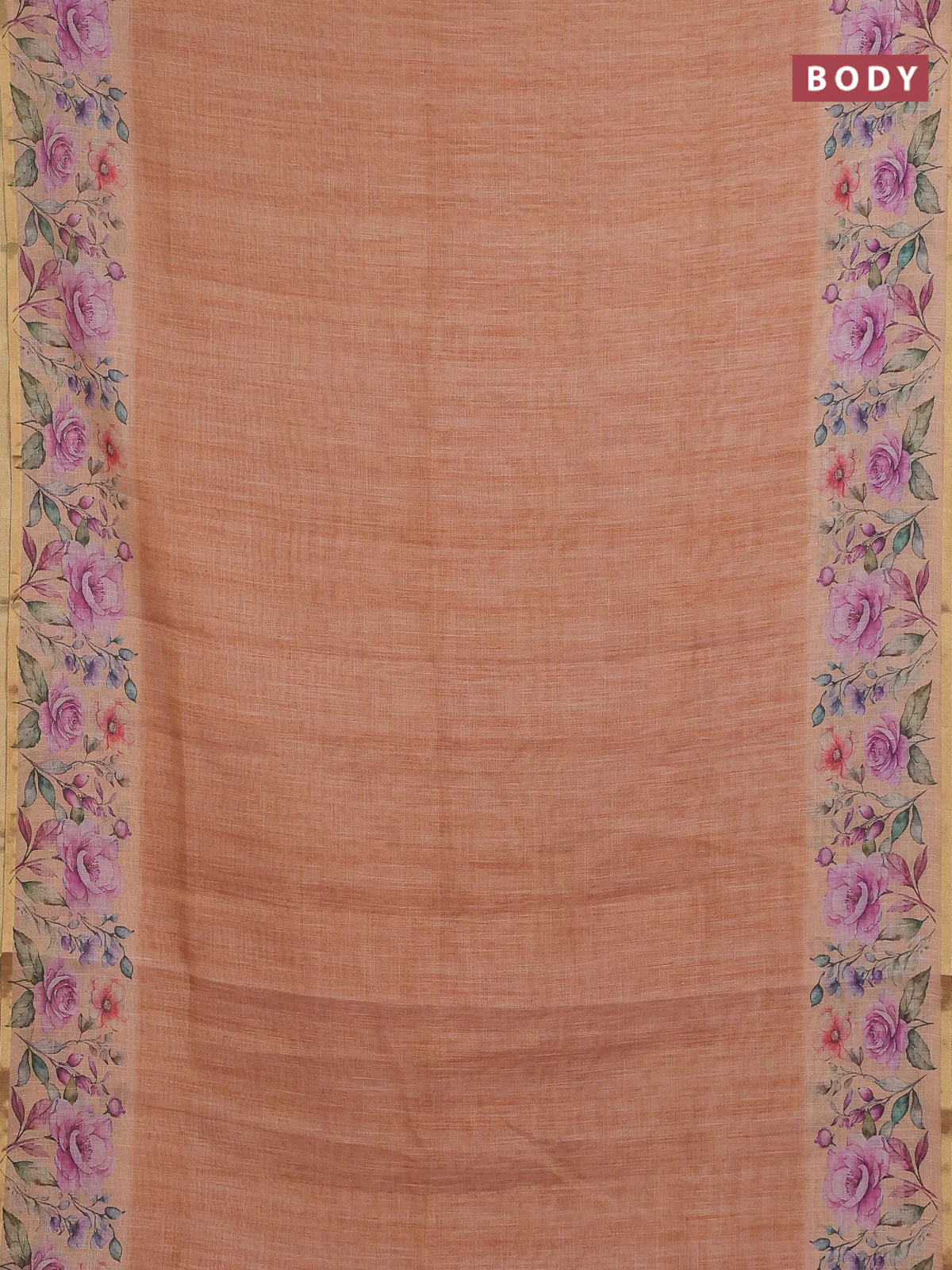 Linen cotton saree orange with plain body and digital printed border - Image 2