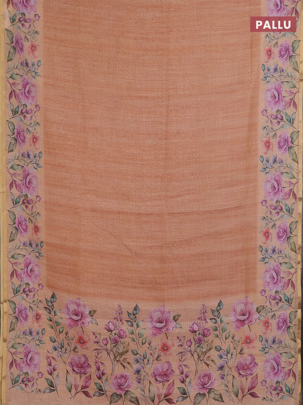 Linen cotton saree orange with plain body and digital printed border - Image 3