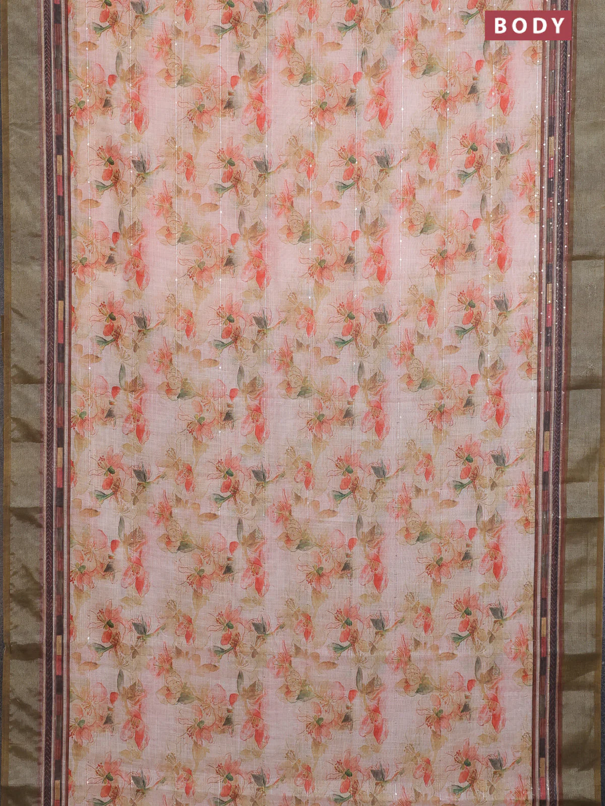 Linen cotton saree pale orange and dark sap green with allover floral prints & sequin work and silver zari woven border - Image 2
