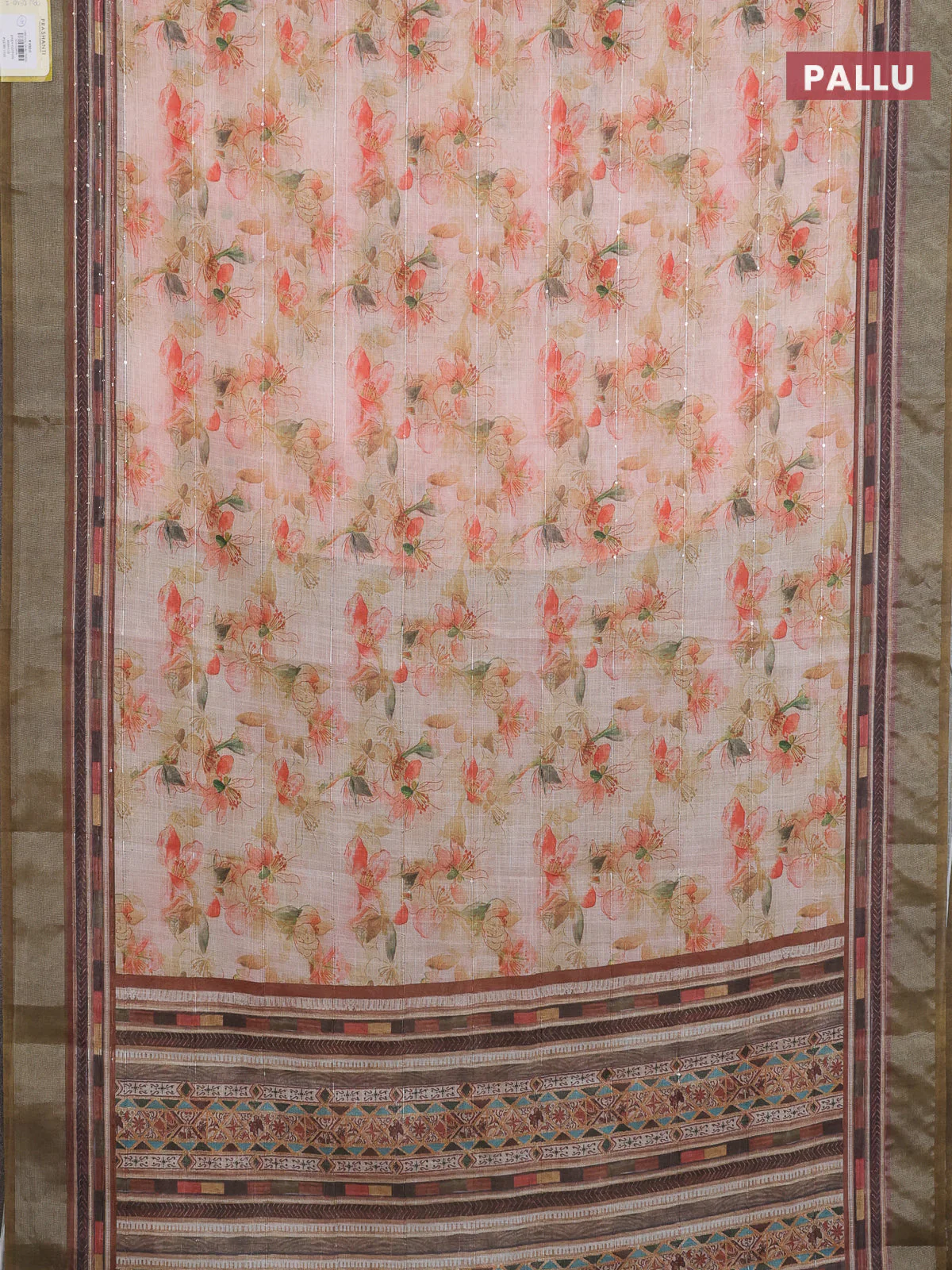 Linen cotton saree pale orange and dark sap green with allover floral prints & sequin work and silver zari woven border - Image 3