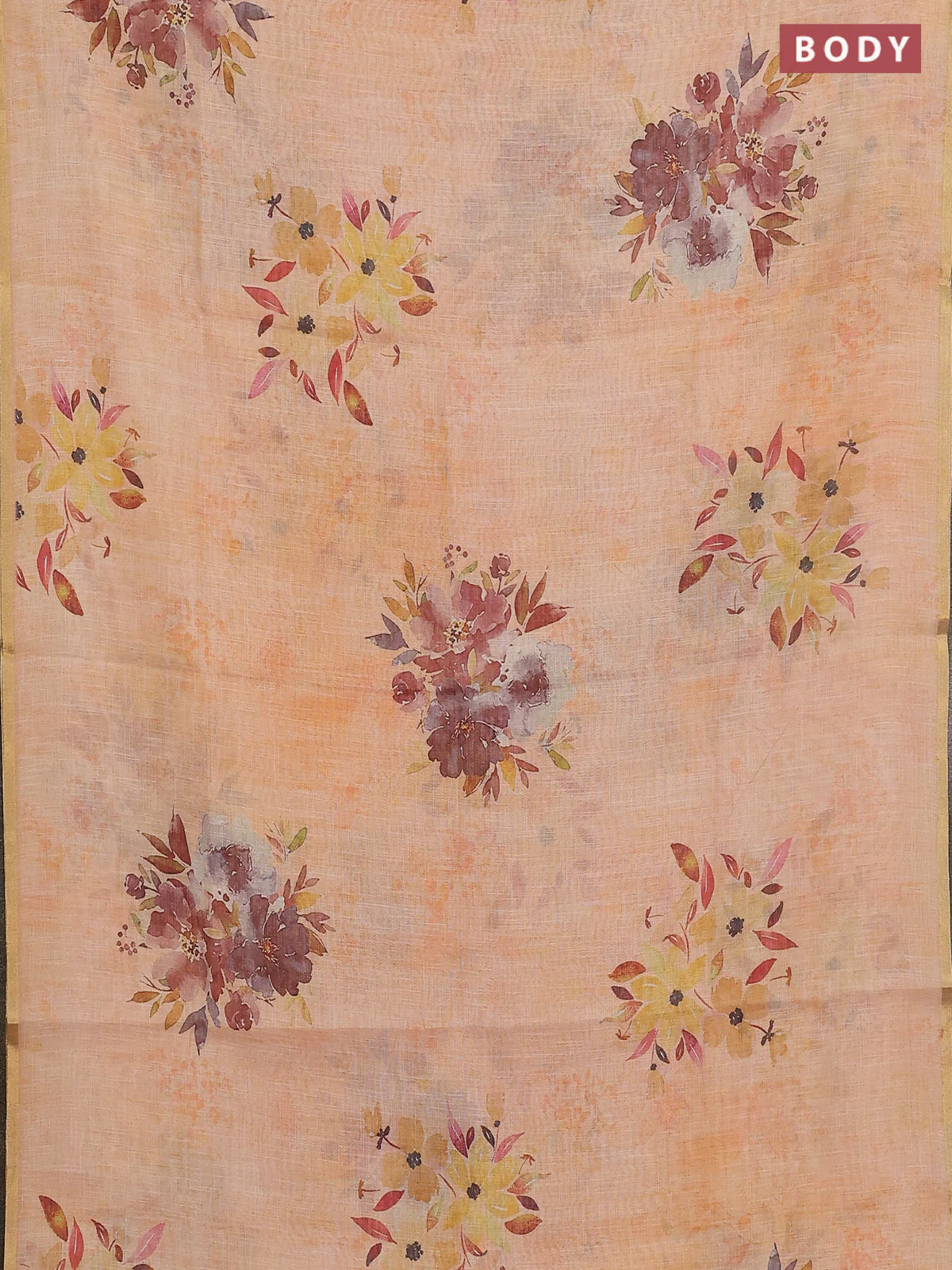 Linen cotton saree pale orange with floral digital prints and zari woven piping border - Image 2