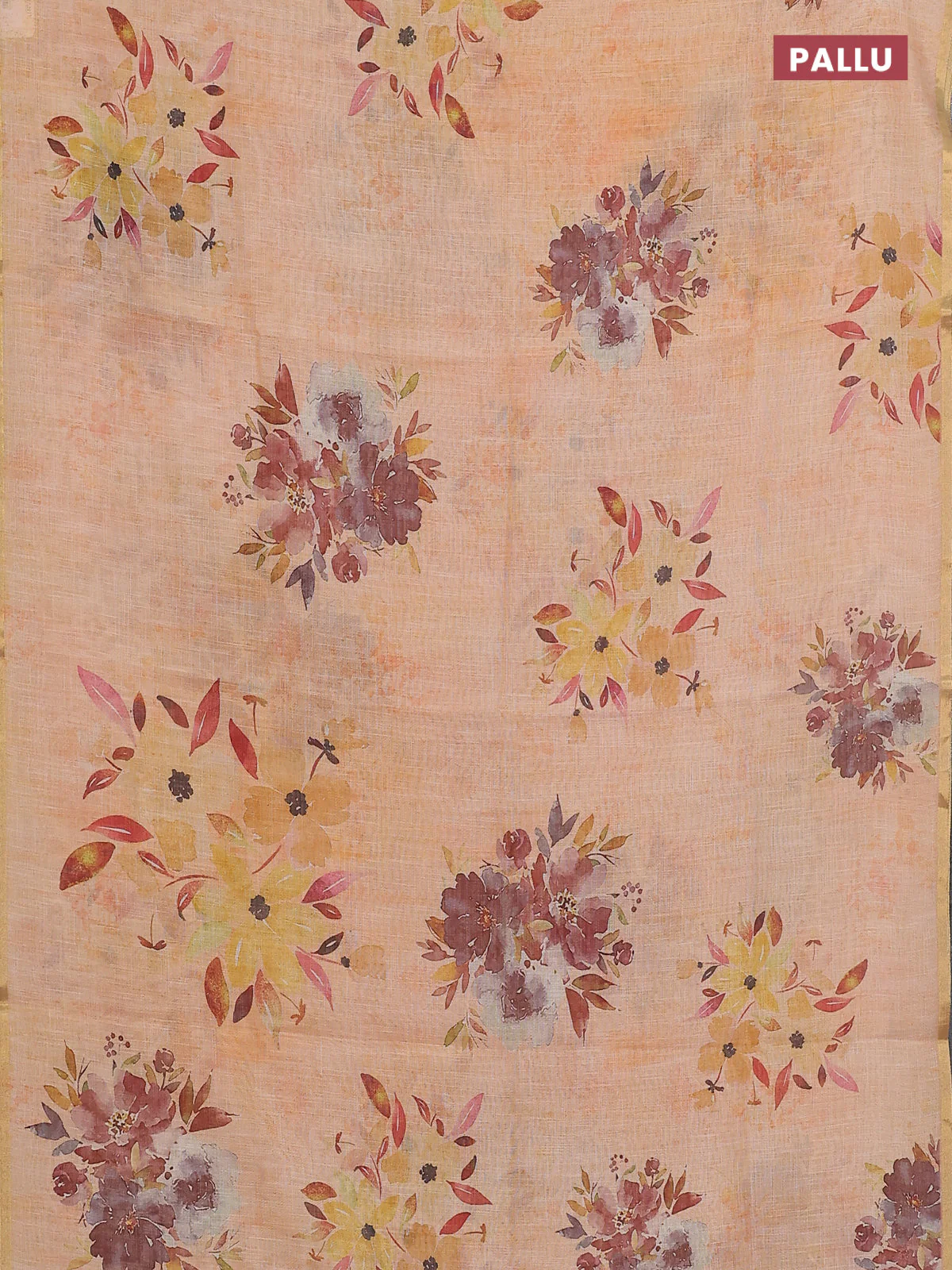 Linen cotton saree pale orange with floral digital prints and zari woven piping border - Image 3