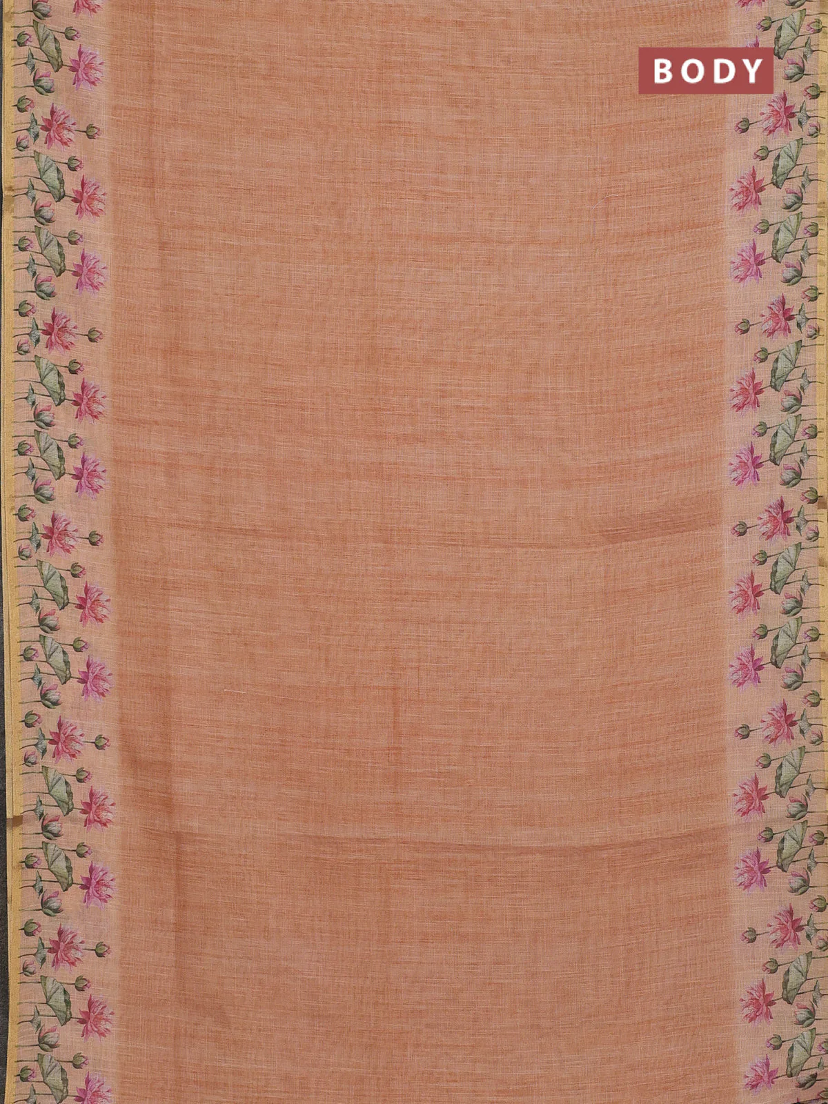Linen cotton saree pale orange with plain body and digital printed border - Image 2