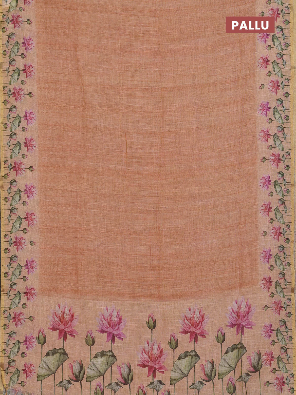 Linen cotton saree pale orange with plain body and digital printed border - Image 3