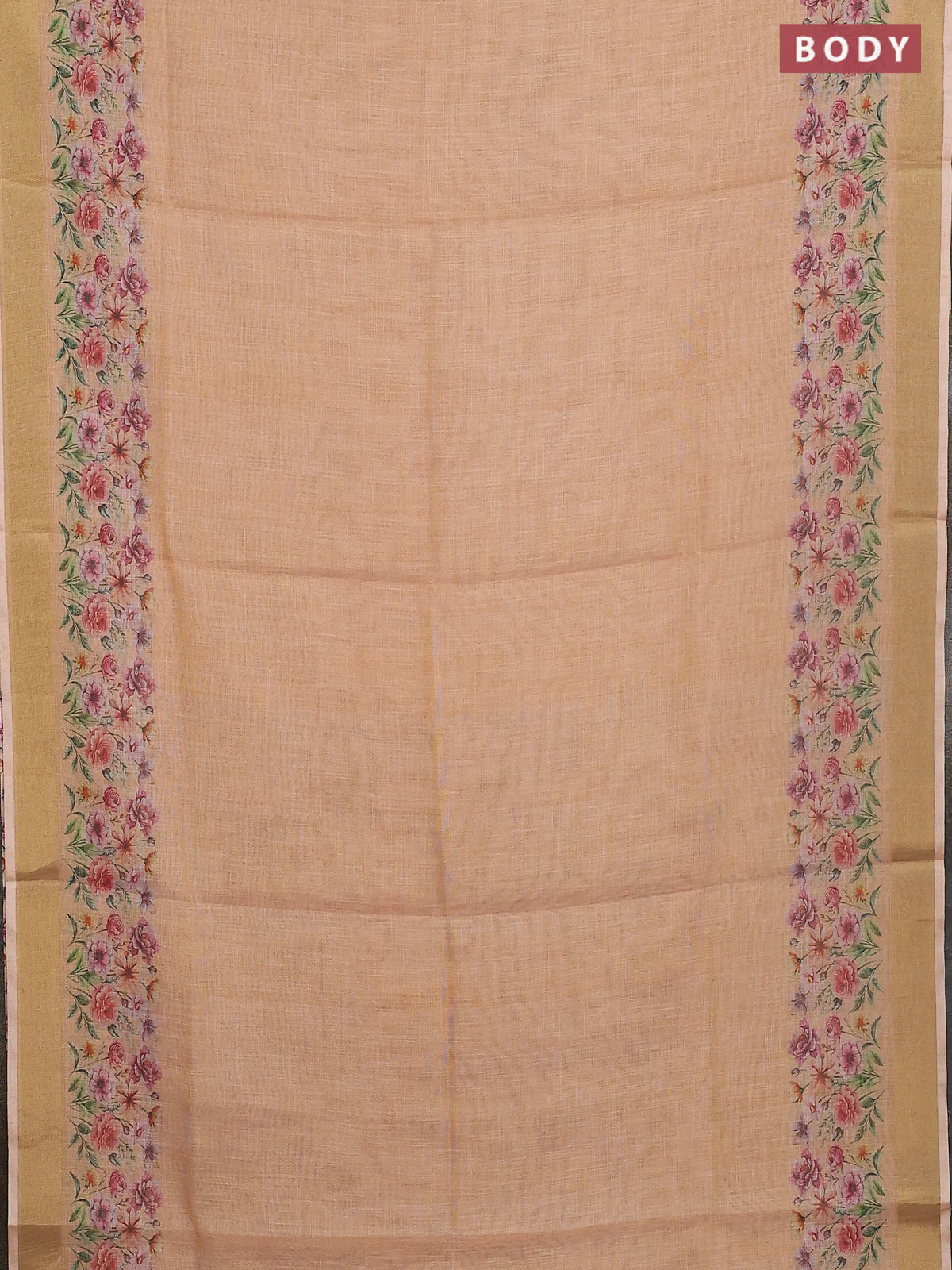 Linen cotton saree pale orange with plain body and floral printed border - Image 2