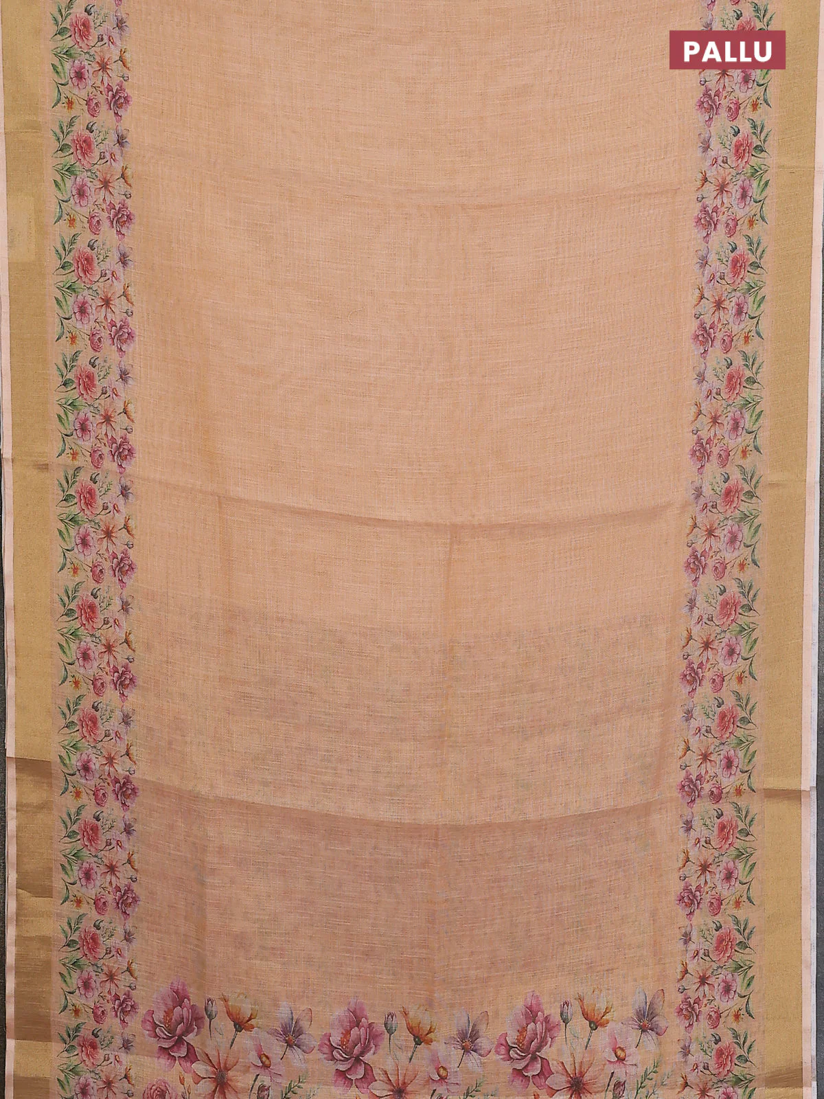 Linen cotton saree pale orange with plain body and floral printed border - Image 3