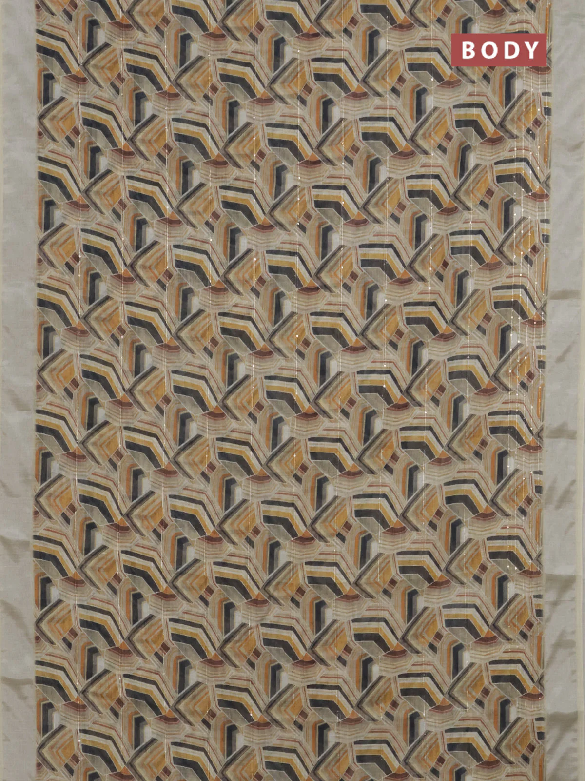 Linen cotton saree pale yellow with allover geometric prints & sequin work and silver zari woven border - Image 2