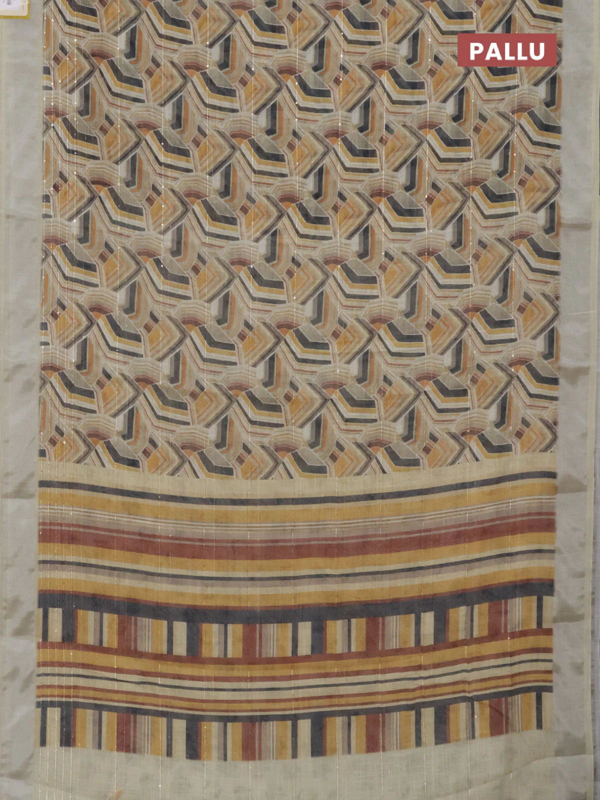 Linen cotton saree pale yellow with allover geometric prints & sequin work and silver zari woven border - Image 3