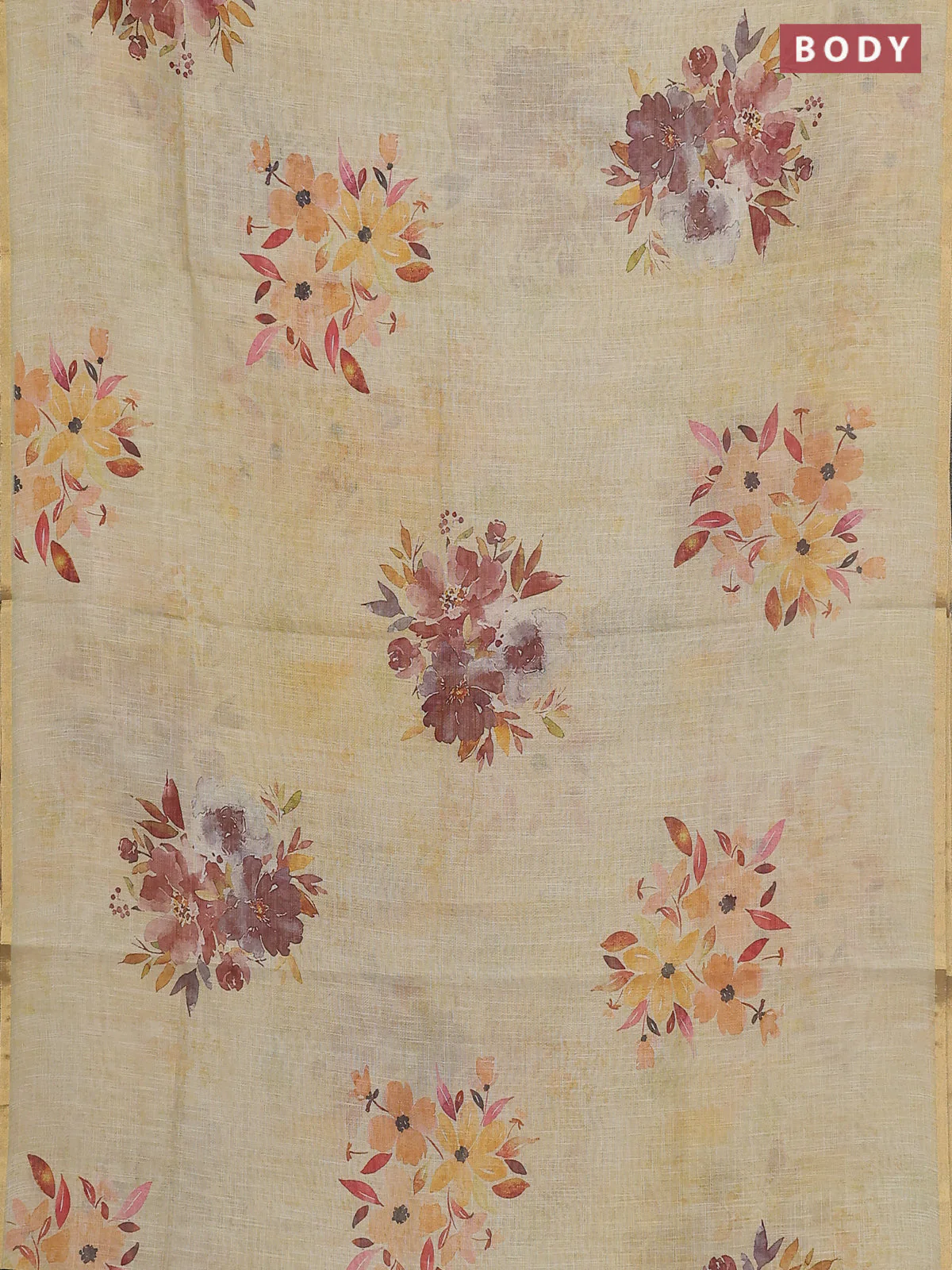 Linen cotton saree pale yellow with floral digital prints and zari woven piping border - Image 2