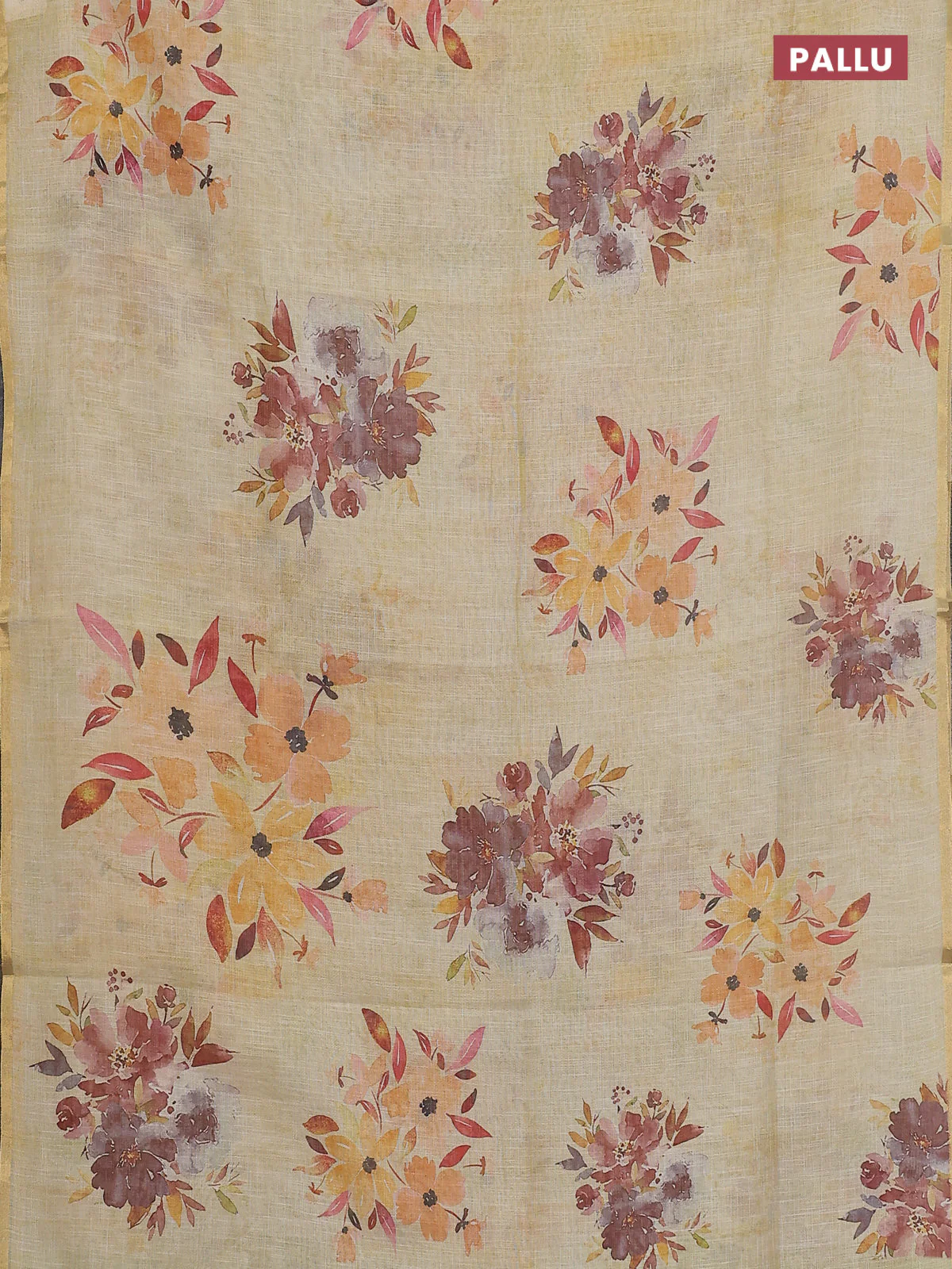 Linen cotton saree pale yellow with floral digital prints and zari woven piping border - Image 3