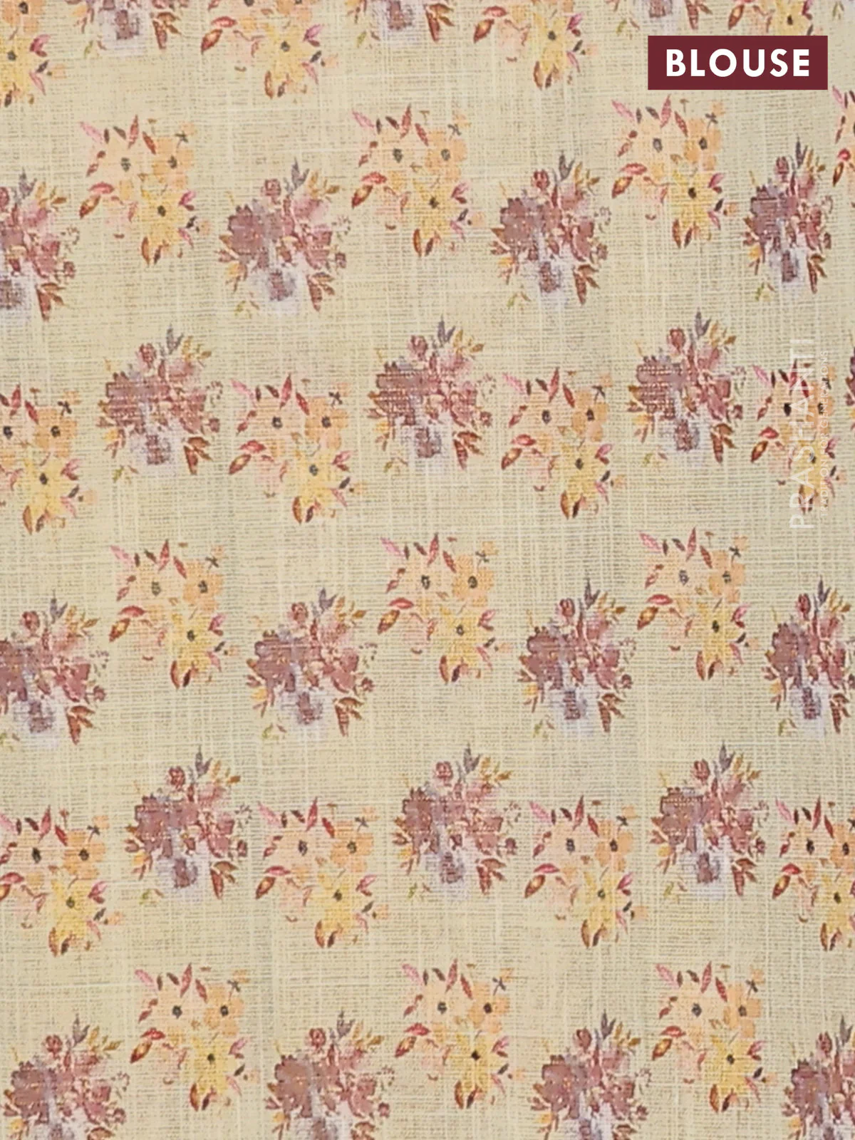 Linen cotton saree pale yellow with floral digital prints and zari woven piping border - Image 4