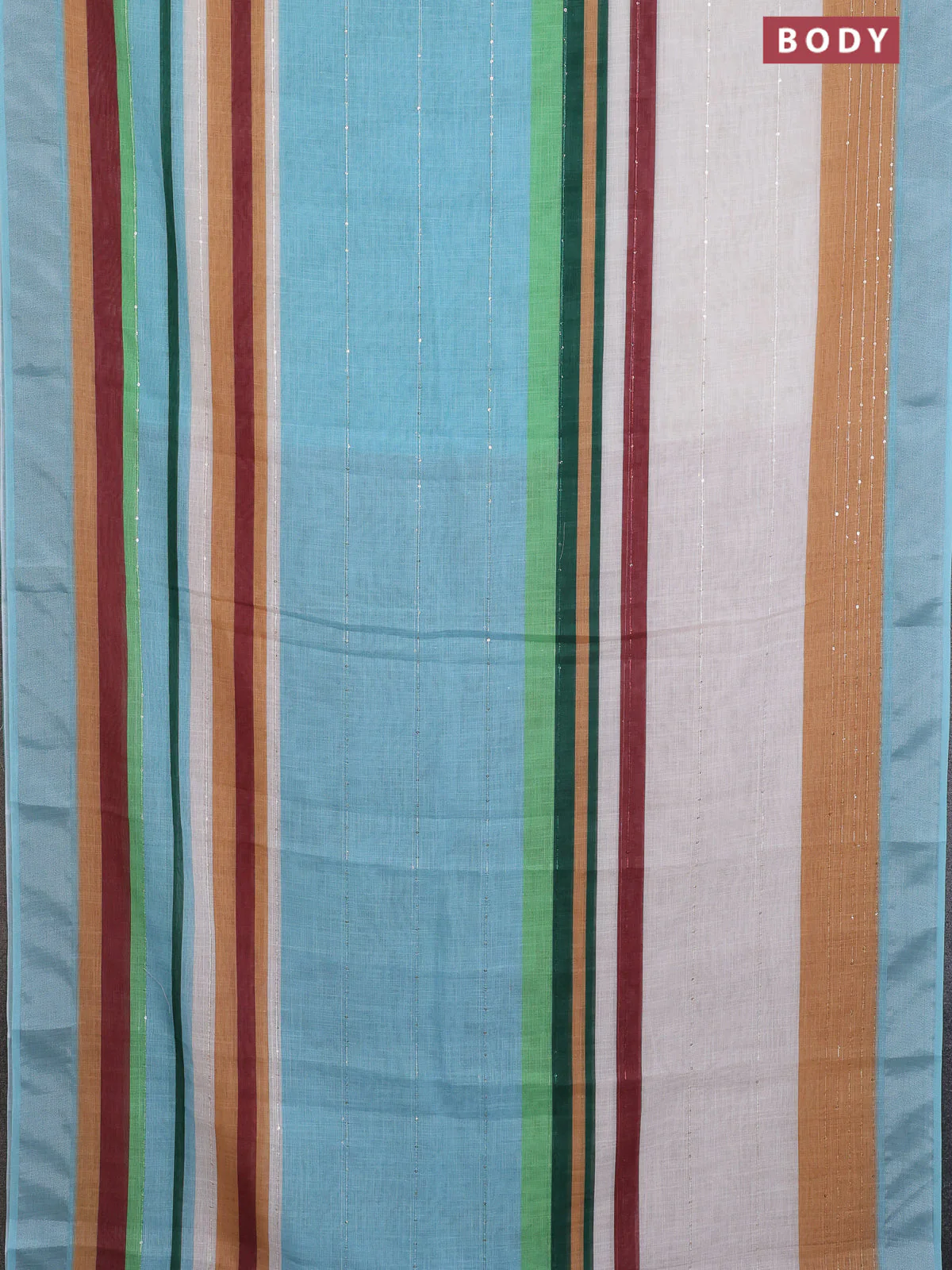 Linen cotton saree pastel blue and off white with stripes pattern & sequin work and silver zari woven border - Image 2