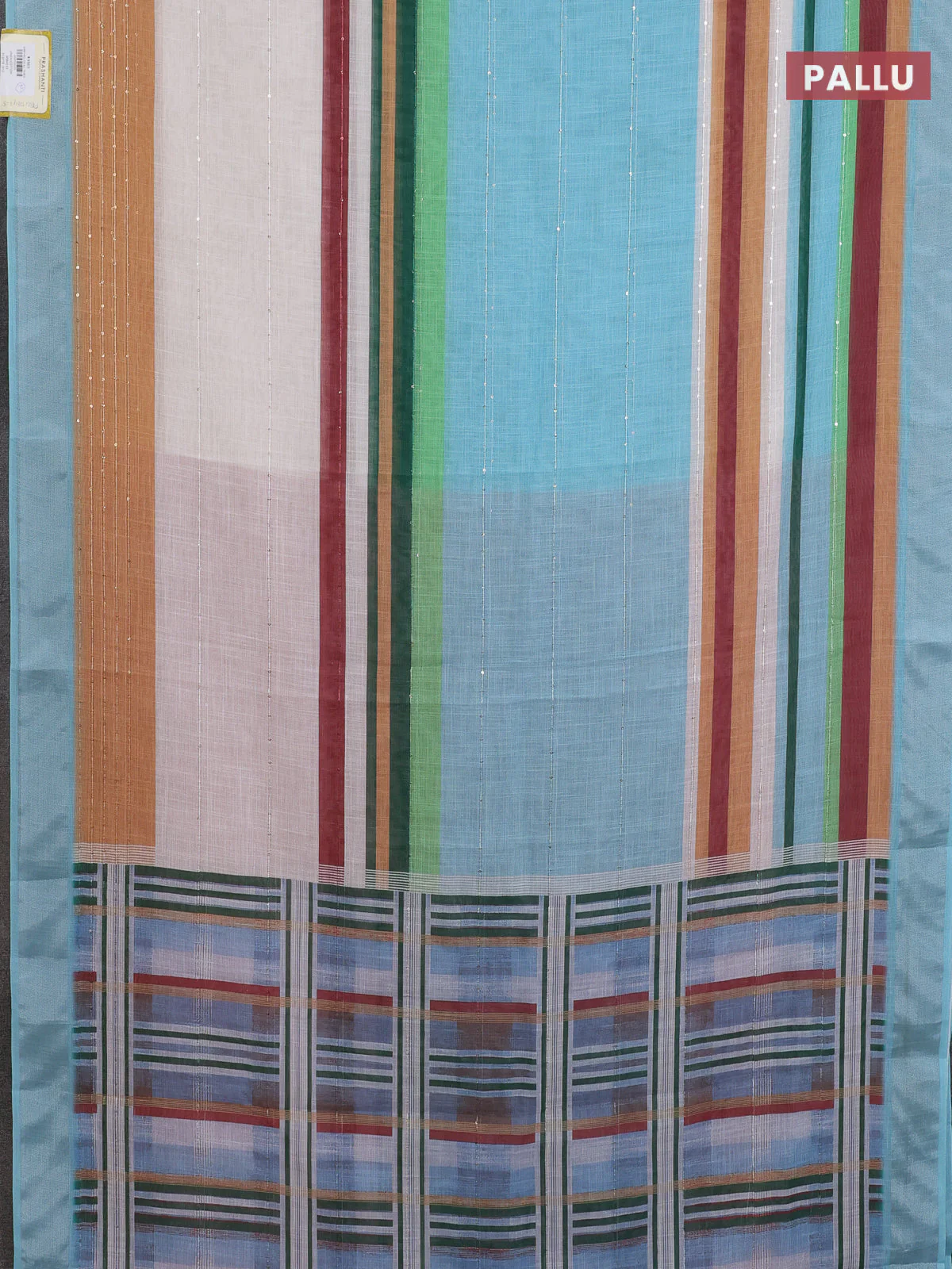Linen cotton saree pastel blue and off white with stripes pattern & sequin work and silver zari woven border - Image 3