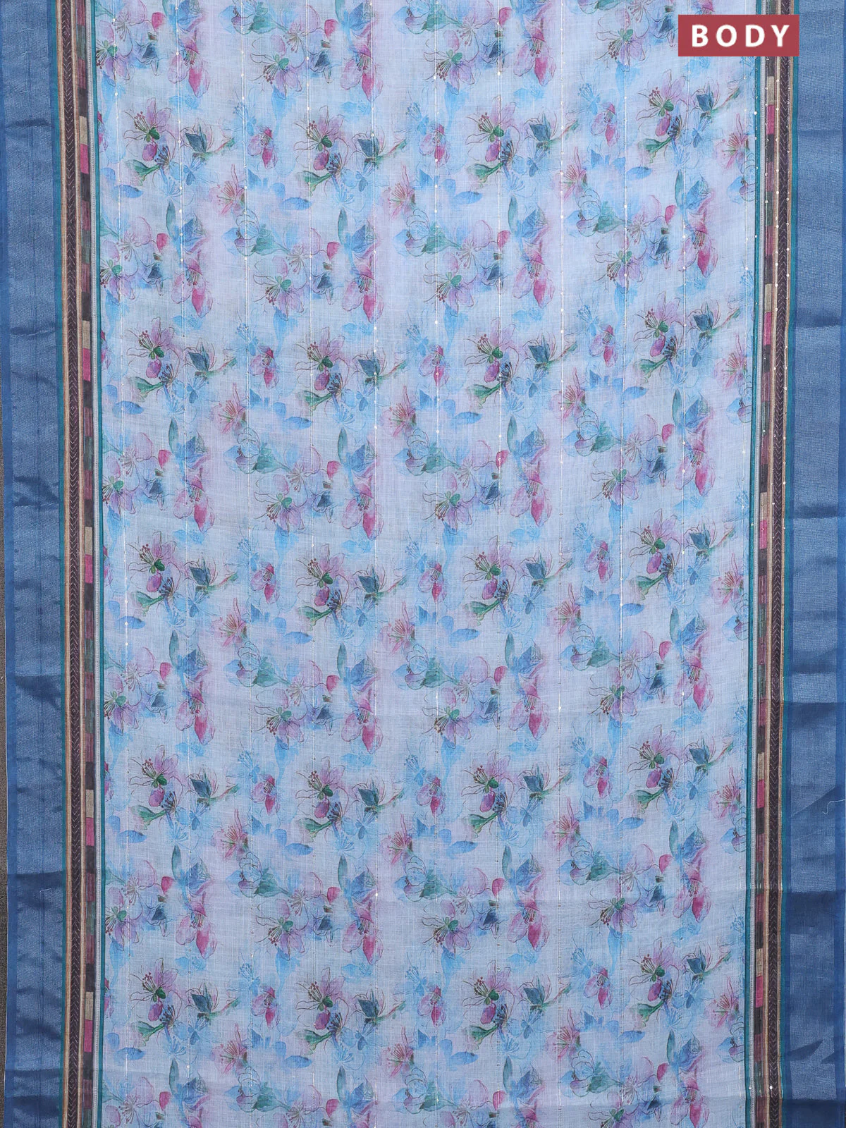 Linen cotton saree pastel blue with allover floral prints & sequin work and silver zari woven border - Image 2