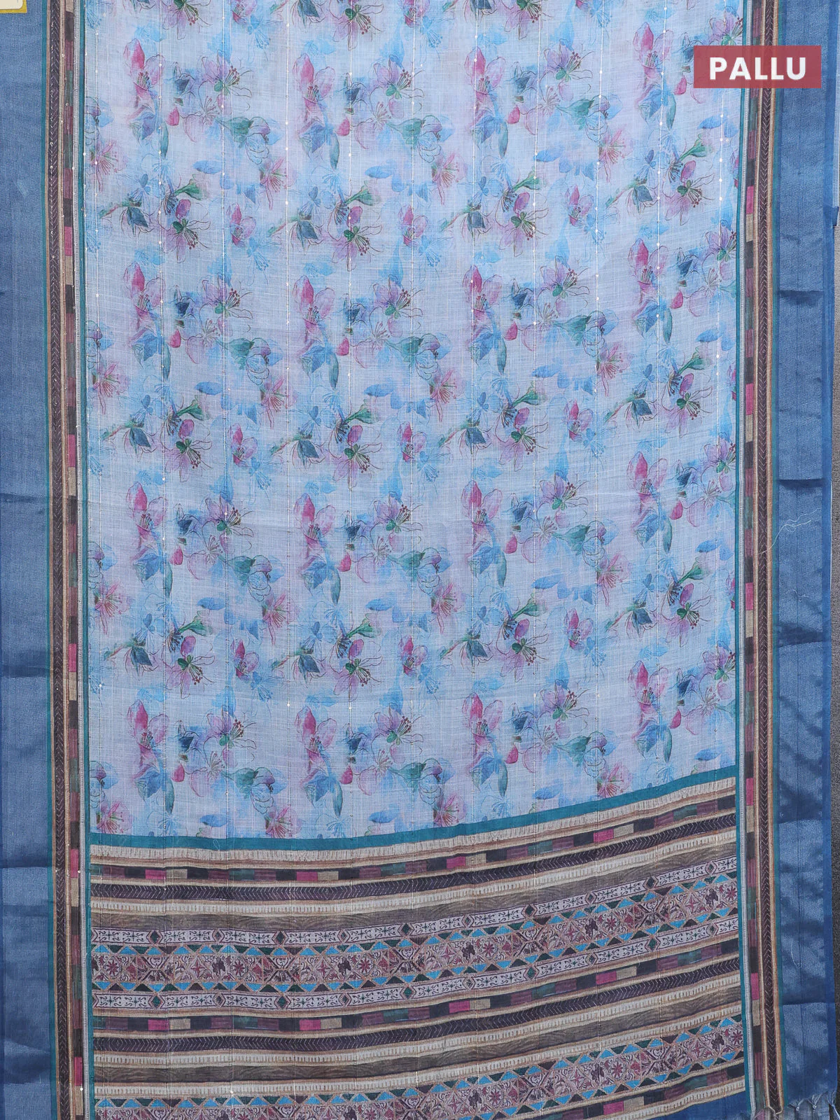 Linen cotton saree pastel blue with allover floral prints & sequin work and silver zari woven border - Image 3