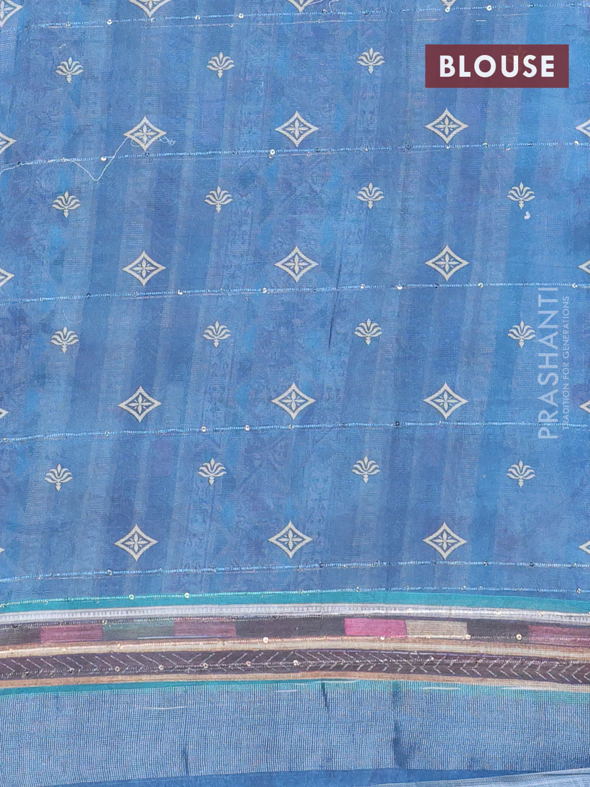 Linen cotton saree pastel blue with allover floral prints & sequin work and silver zari woven border - Image 4
