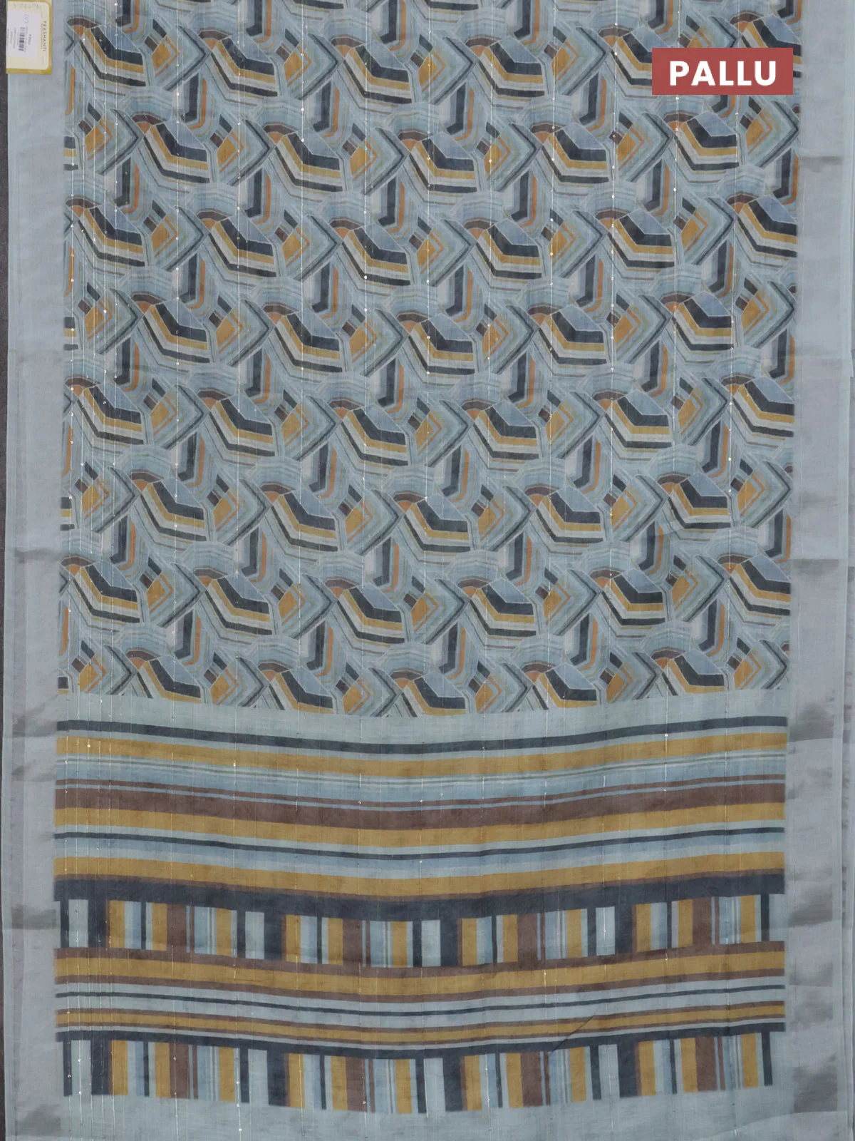 Linen cotton saree pastel blue with allover geometric prints & sequin work and silver zari woven border - Image 3