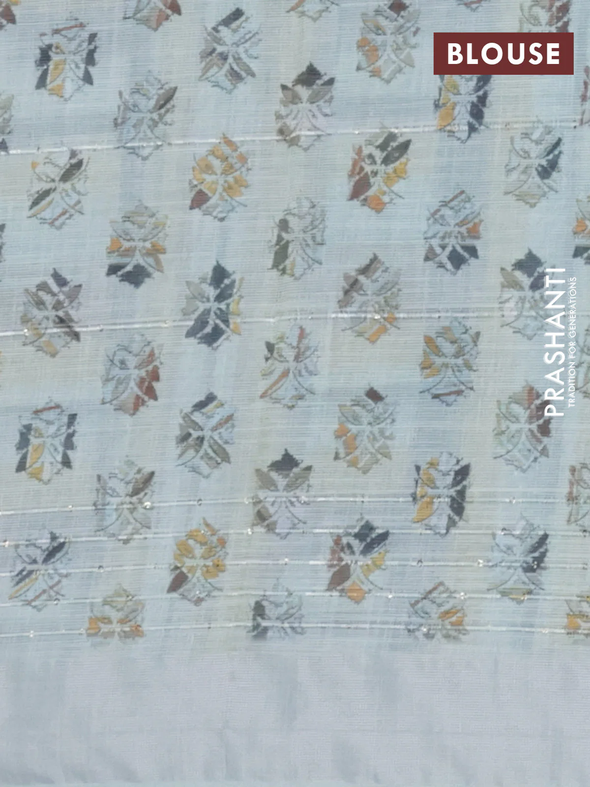 Linen cotton saree pastel blue with allover geometric prints & sequin work and silver zari woven border - Image 4