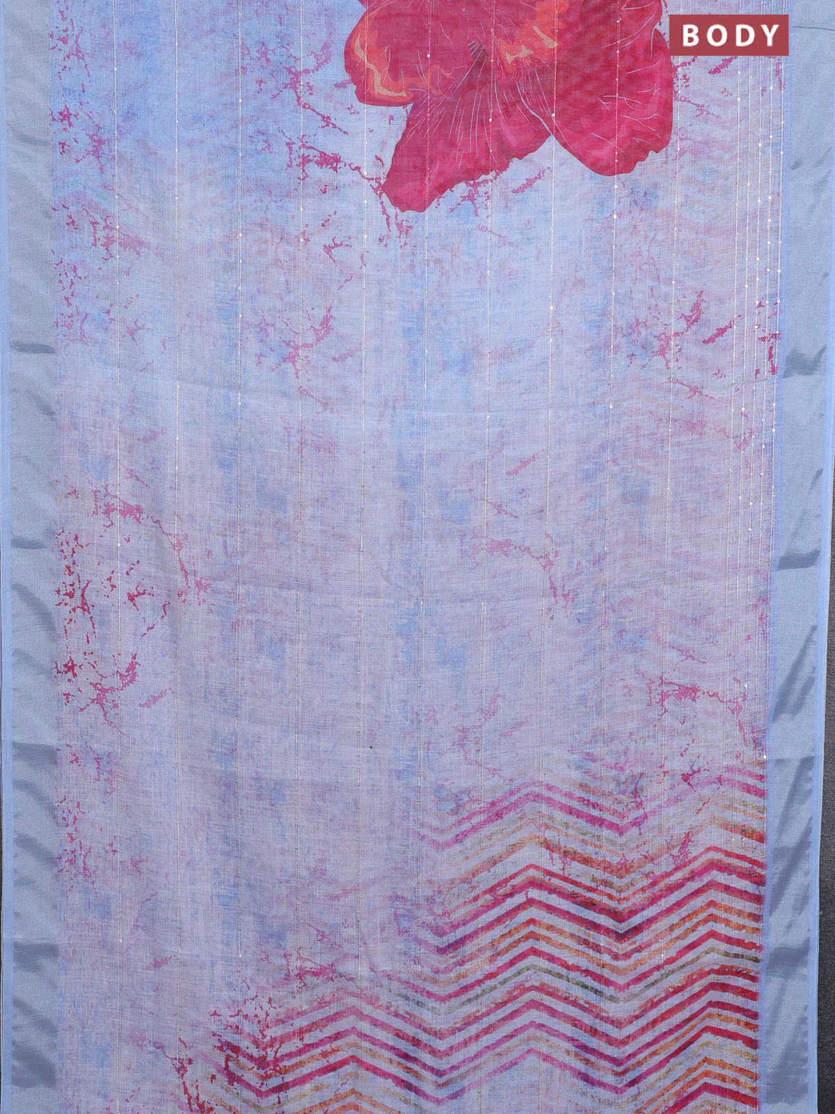 Linen cotton saree pastel blue with allover prints & sequin work and silver zari woven border - Image 2