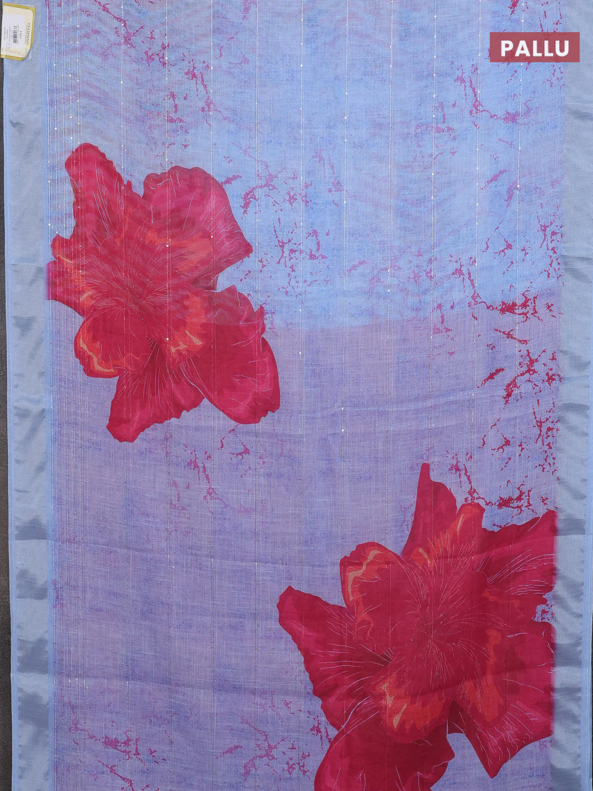 Linen cotton saree pastel blue with allover prints & sequin work and silver zari woven border - Image 3