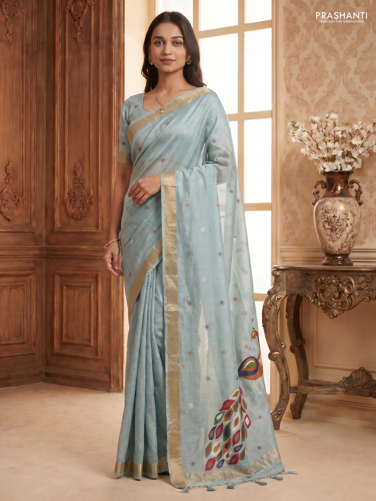 Linen cotton saree pastel blue with allover thread woven buttas and peacock pallu - Image 2