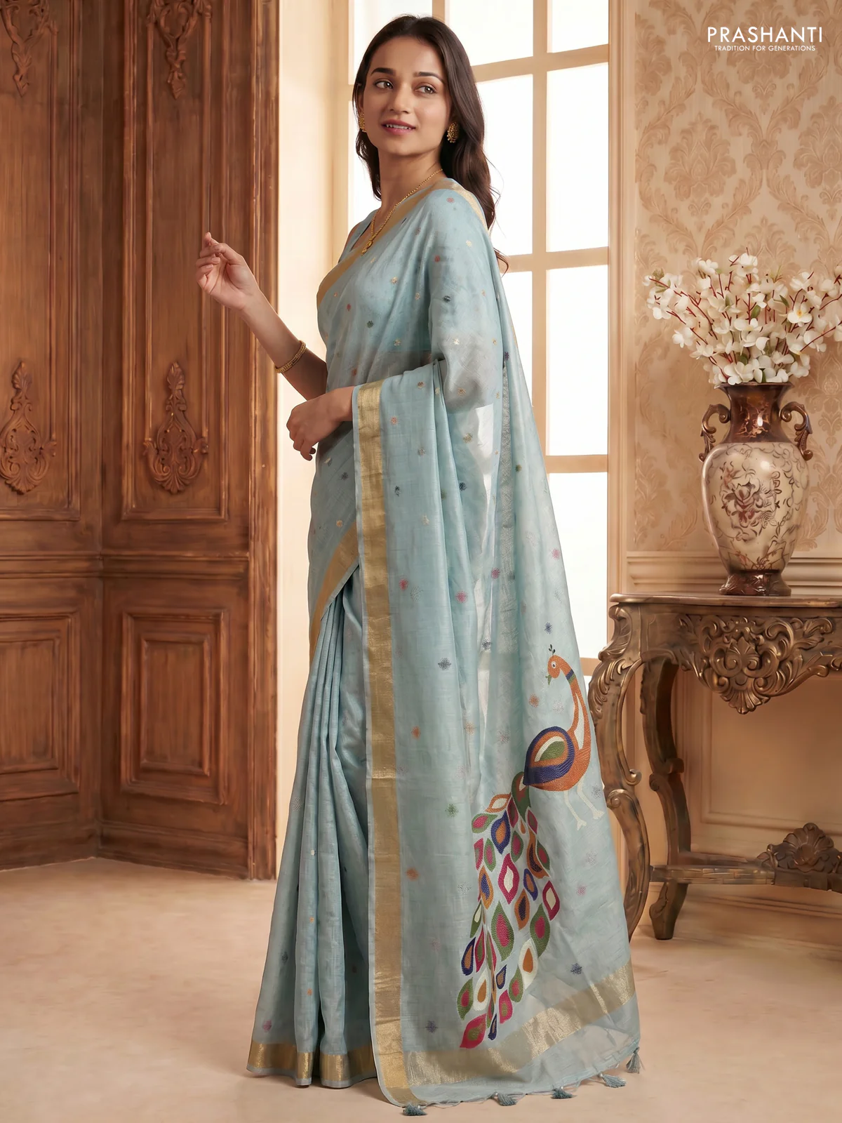 Linen cotton saree pastel blue with allover thread woven buttas and peacock pallu - Image 3