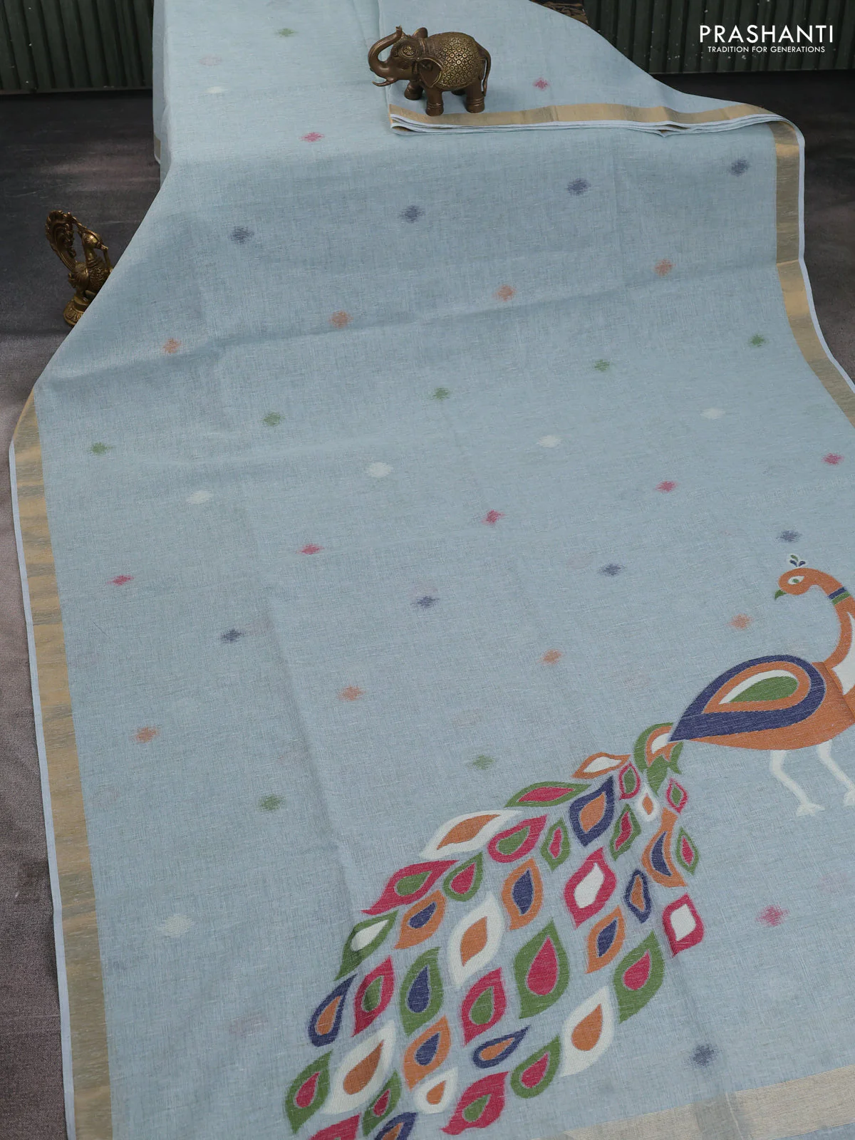 Linen cotton saree pastel blue with allover thread woven buttas and peacock pallu - Image 4