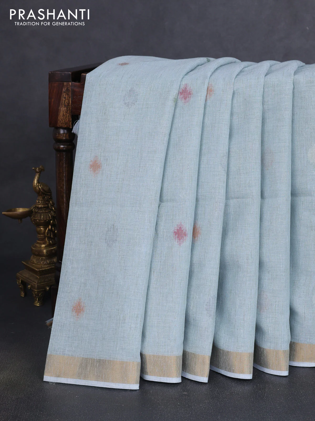 Linen cotton saree pastel blue with allover thread woven buttas and peacock pallu - Image 5