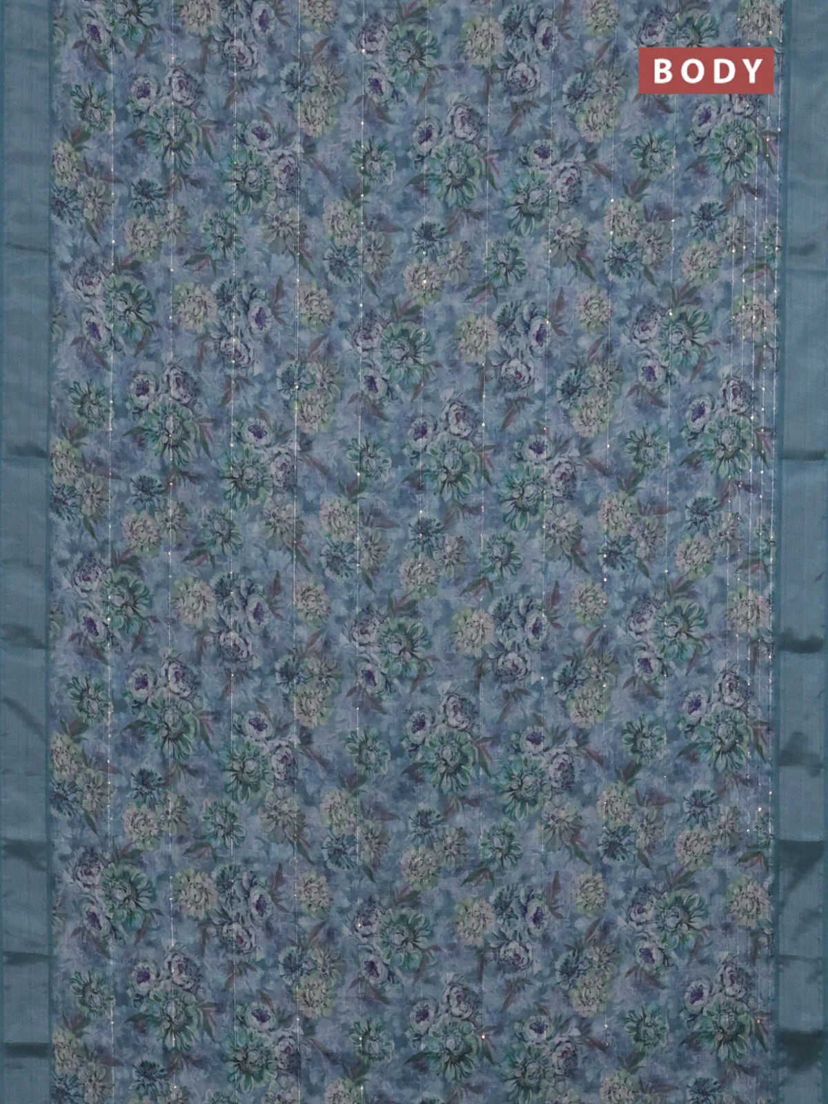 Linen cotton saree pastel blue with floral prints & sequin work and silver zari woven border - Image 2