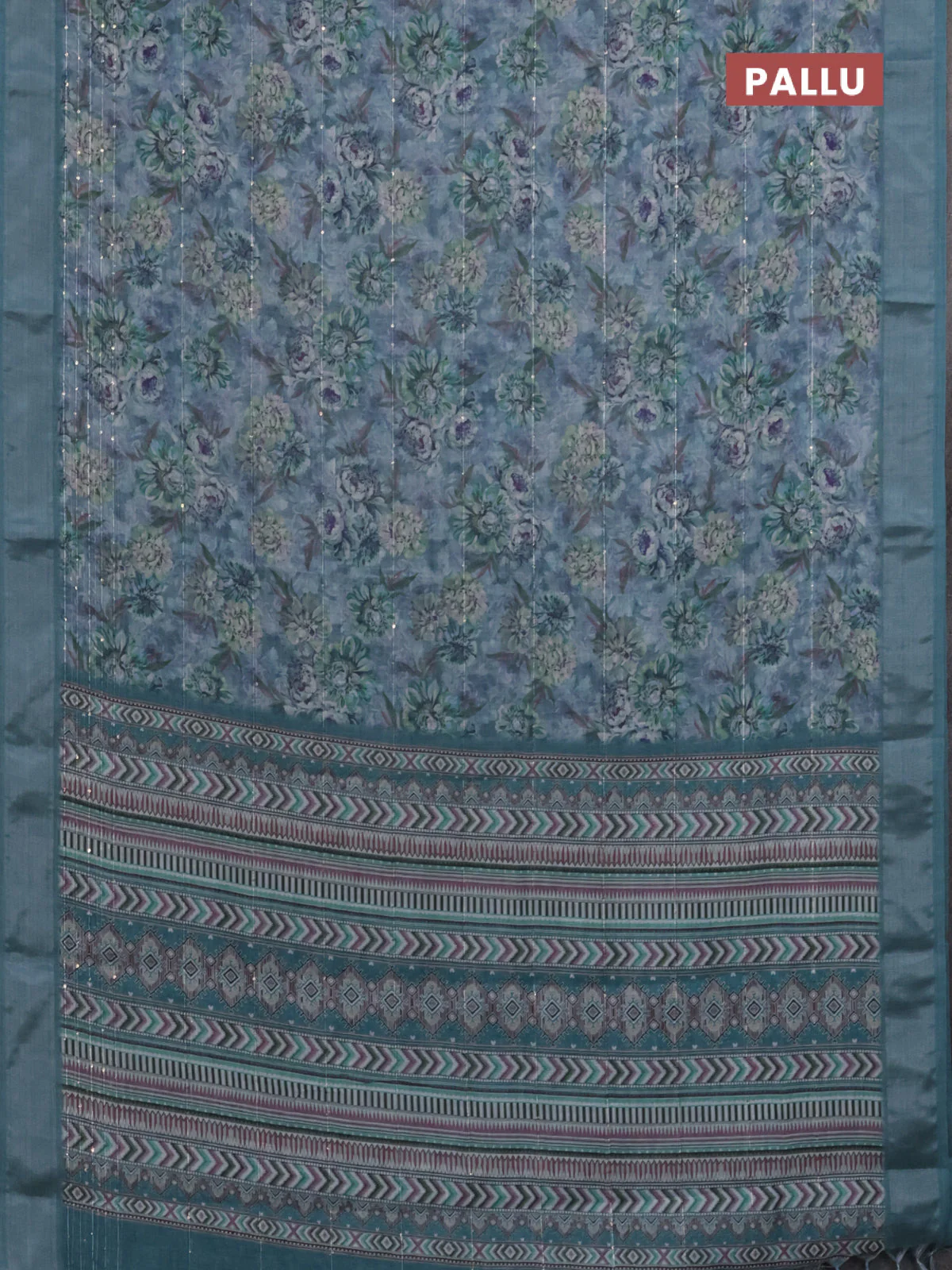 Linen cotton saree pastel blue with floral prints & sequin work and silver zari woven border - Image 3