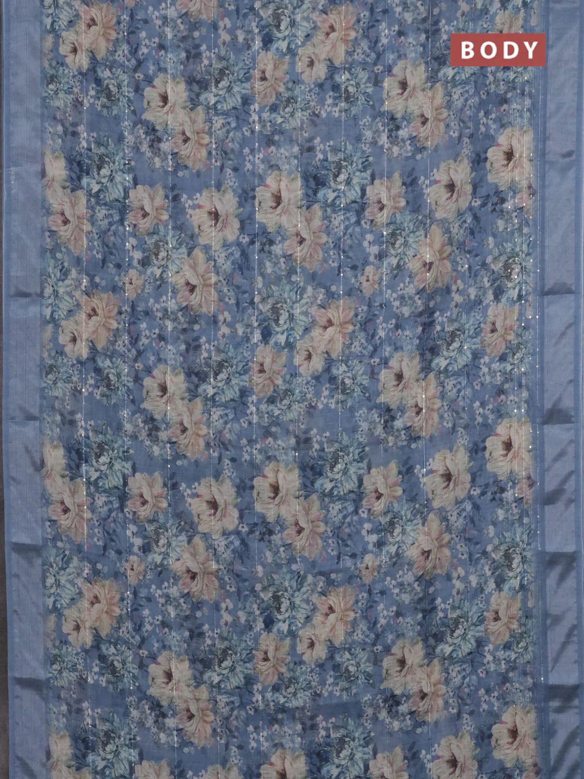 Linen cotton saree pastel blue with floral prints & sequin work and silver zari woven border - Image 2