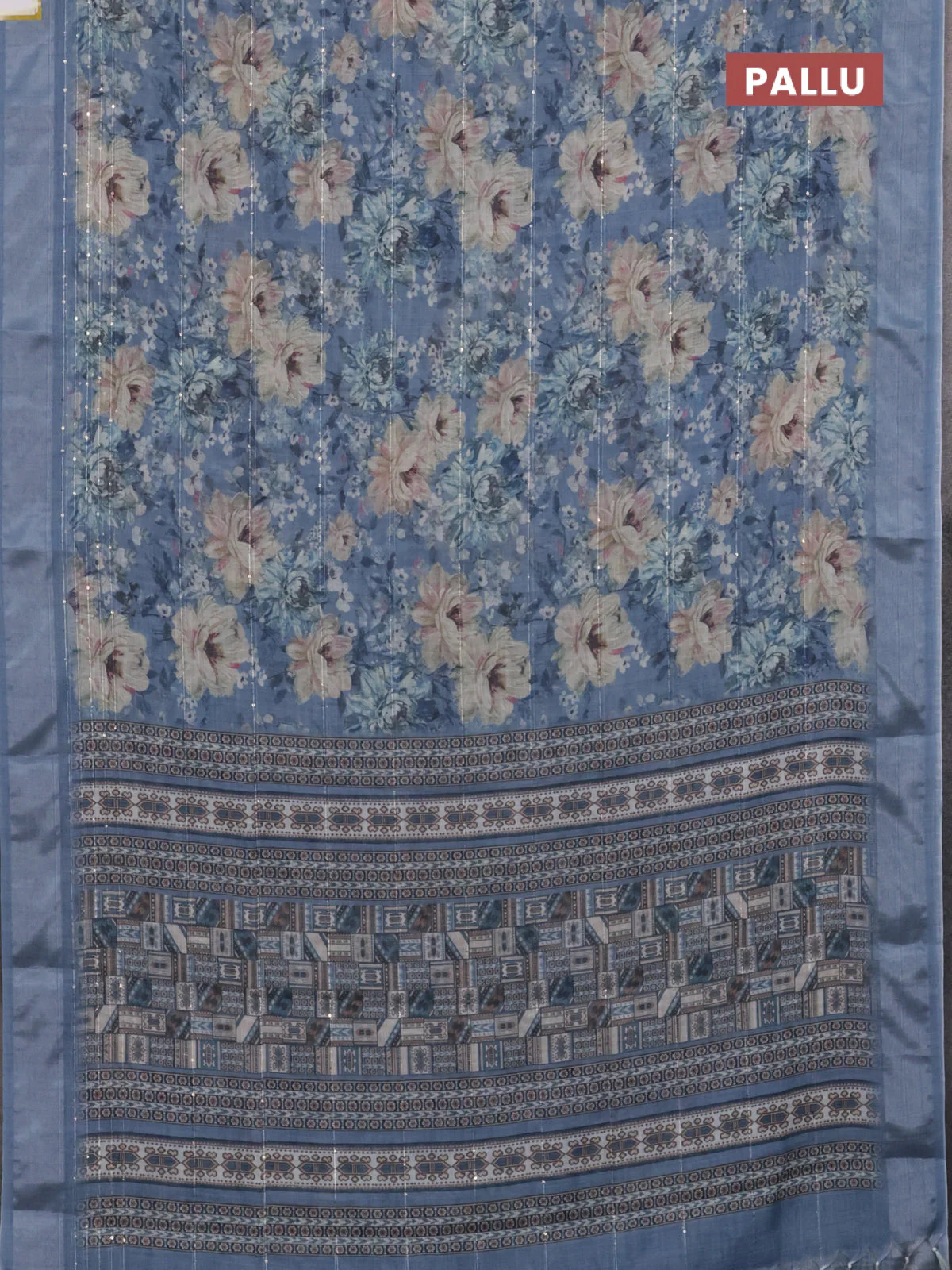Linen cotton saree pastel blue with floral prints & sequin work and silver zari woven border - Image 3